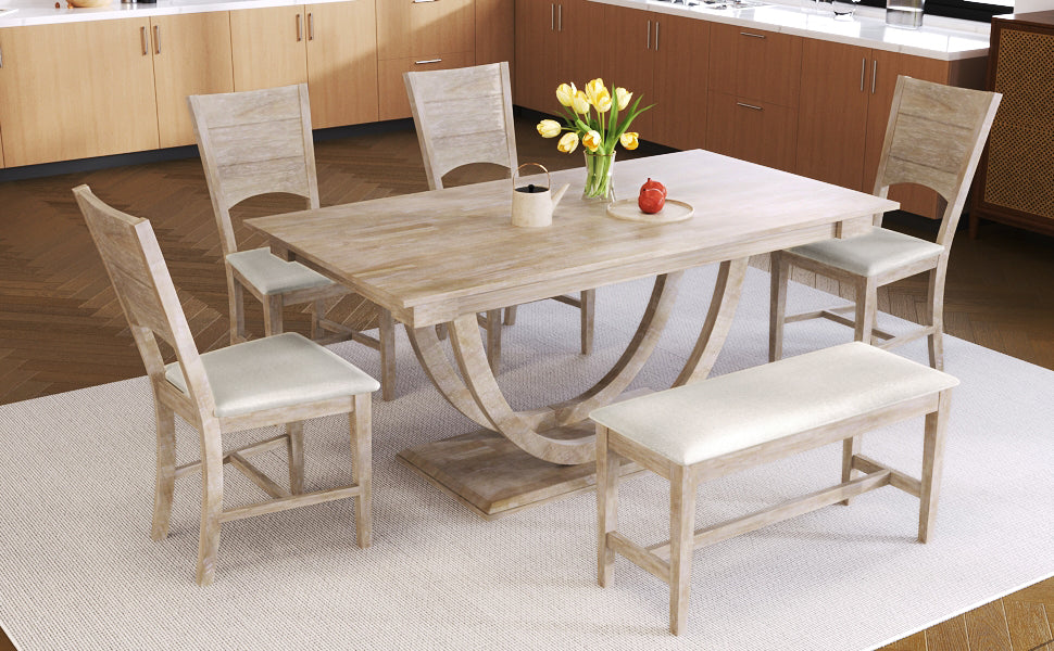 Modern Style 6-Piece Wood Half Round Dining Table Set with Long Bench and 4 Dining Chairs - Natural