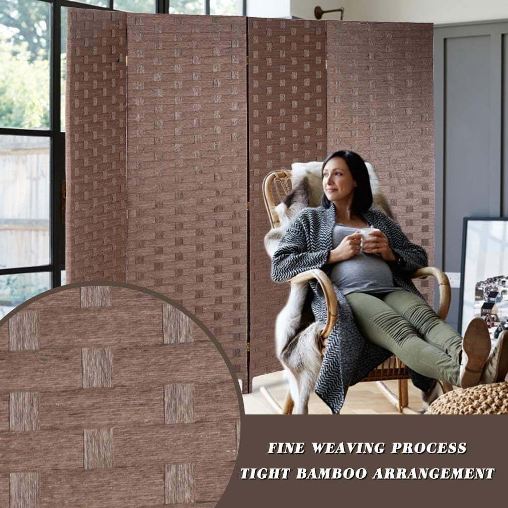 Wall Divider Wood Screen 4 Panels Wood Mesh Hand-Woven Design 6ft - Brown