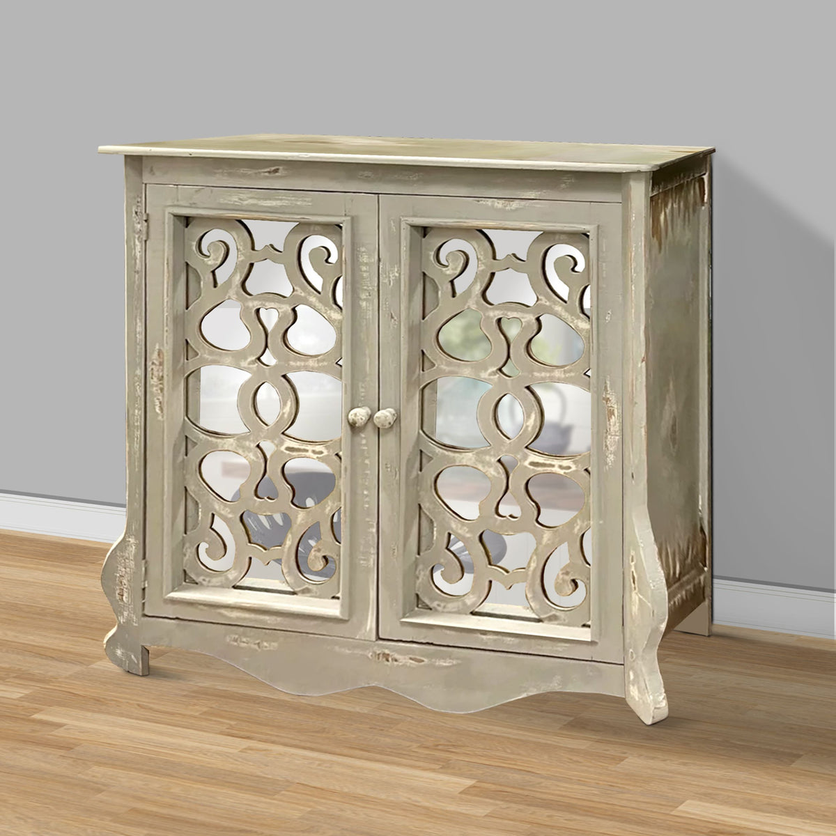 Storage Console with 2 Doors and Scrolled Mirror Trim, Antique White and Silver