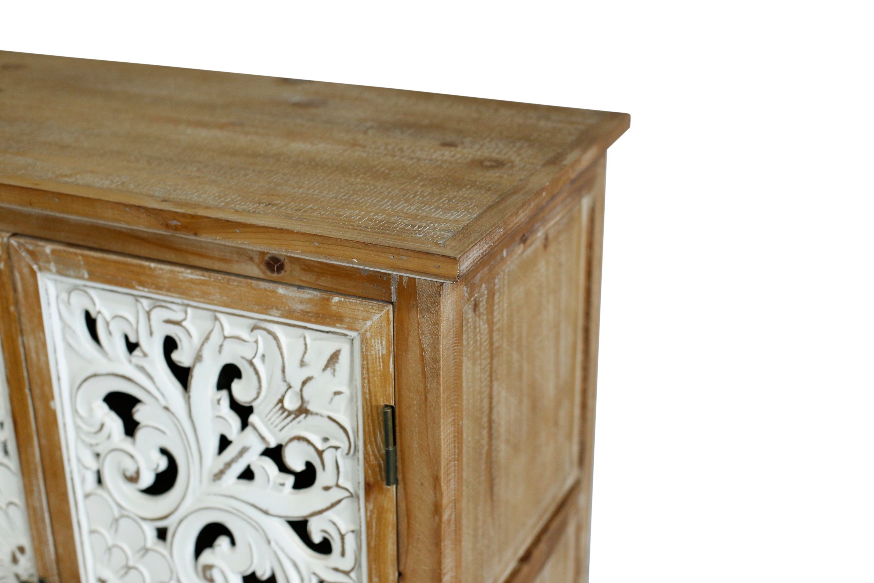 Farmhouse Sideboard Buffet with Storage, Accent Cabinet with 4 Doors, Wood Carved Floral Doors - Natural