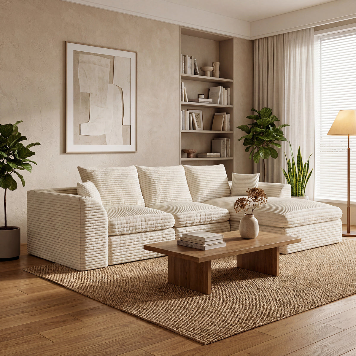 Modular Cloud Couch, L-Shaped 3-Seater with Reversible Chaise, Boneless Memory Foam Corduroy Sofa, 102' Convertible Bed, Living Room Furniture, No Assembly Required, Beige
