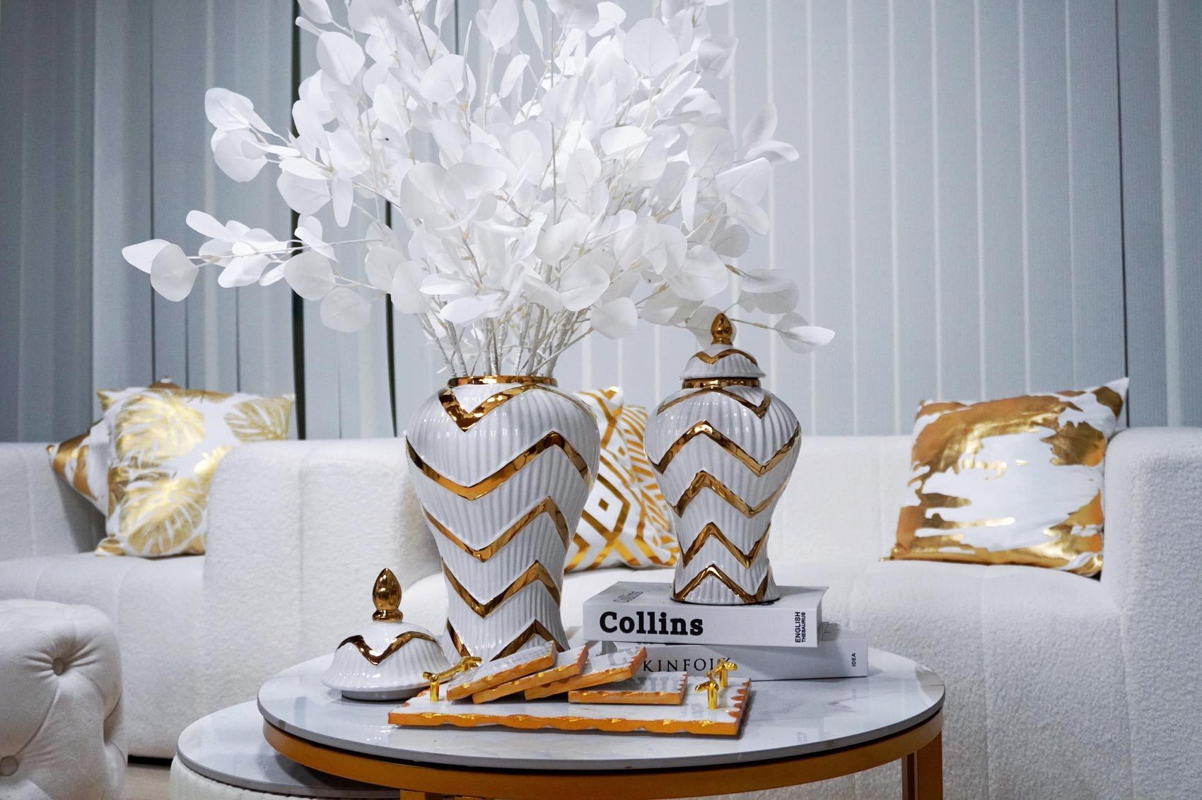 12.50"H Timeless White Gilded Waves Ginger Jar with Removable Lid