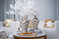 12.50"H Timeless White Gilded Waves Ginger Jar with Removable Lid