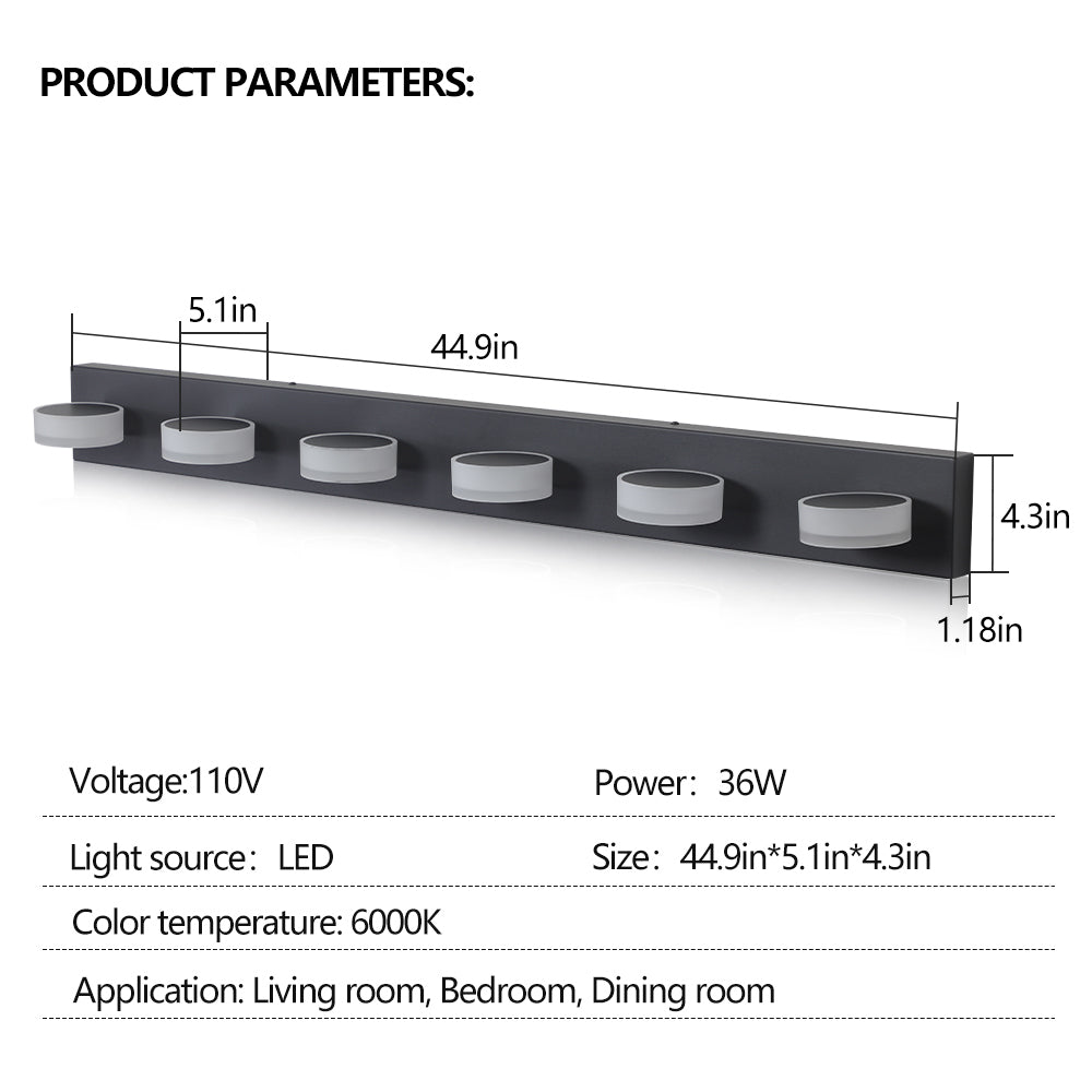 LED Modern Black 6-Light Vanity Lights Fixtures Over Mirror Bath Wall Lighting