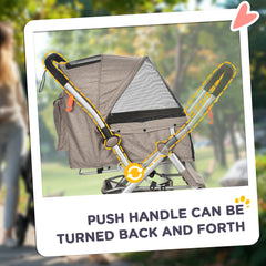 Dog/Pet Stroller for Small Dogs/Cats, 4 Wheels One-Click Fold with Swivel Wheels, Brake, Basket Storage, Safety Belts, Adjustable Canopy, Zippered Mesh Window Door, Brown