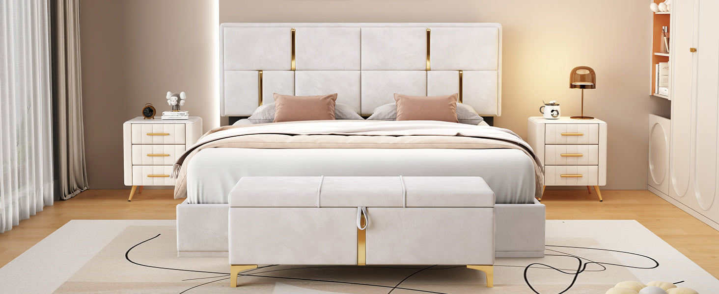 2-Pieces Bedroom Sets: Queen Size Upholstered Platform Bed + Storage Ottoman - Beige