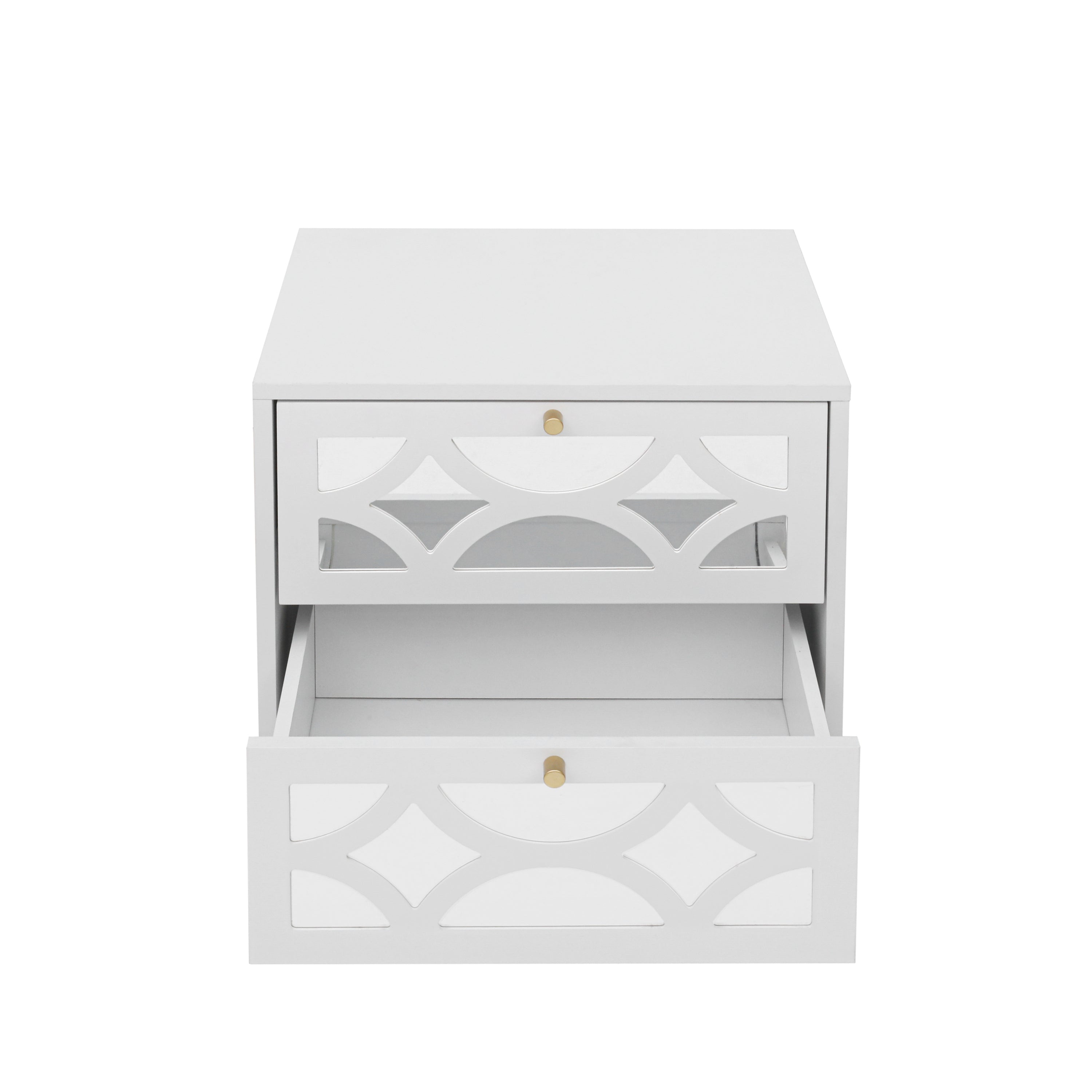 Set of 2 - Small Bedside Table with 2 Drawers, White Mirrored Nightstand with Gold Legs