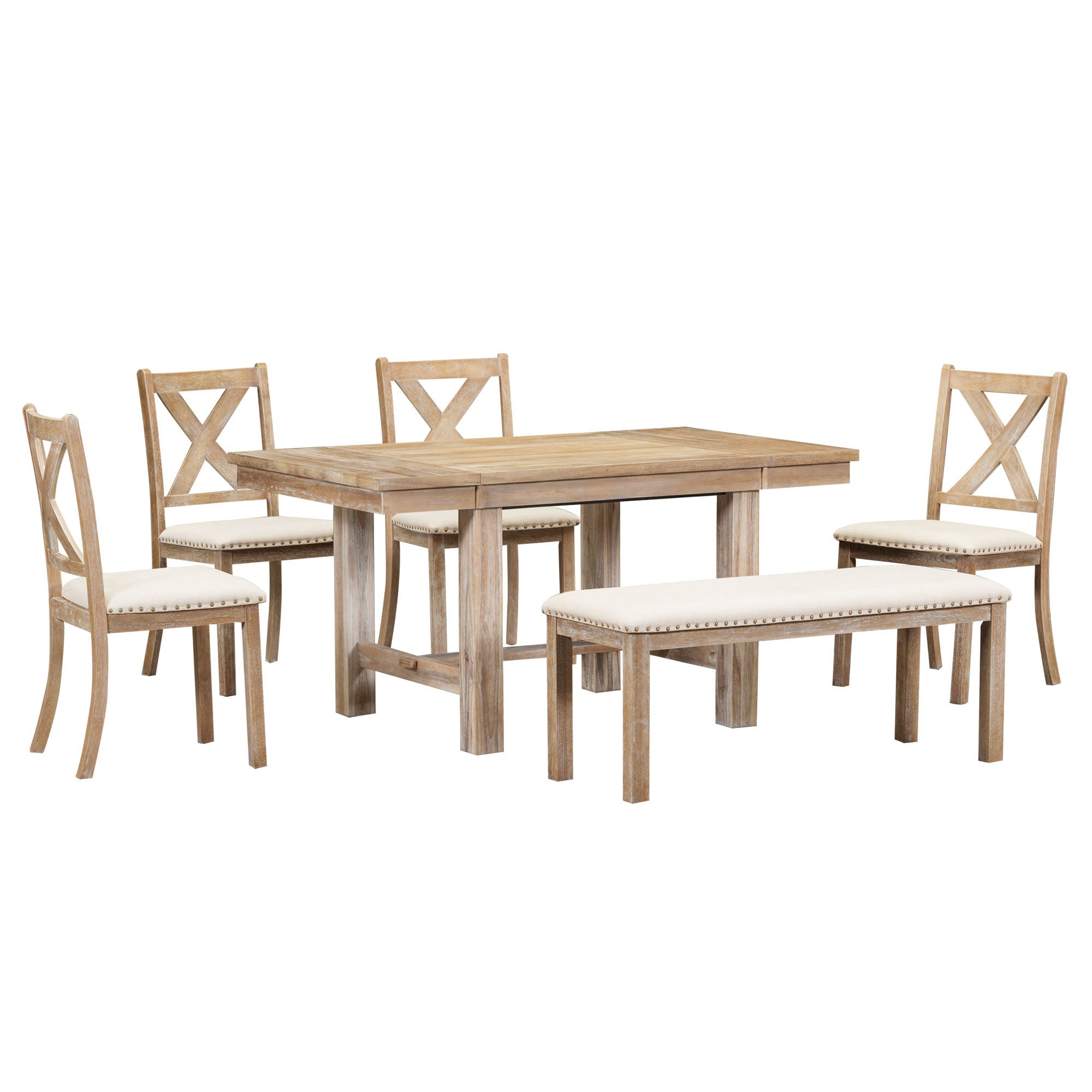 Farmhouse 6-Piece Extendable Dining Table with Footrest, 4 Upholstered Dining Chairs and Dining Bench - Natural+Beige Cushion