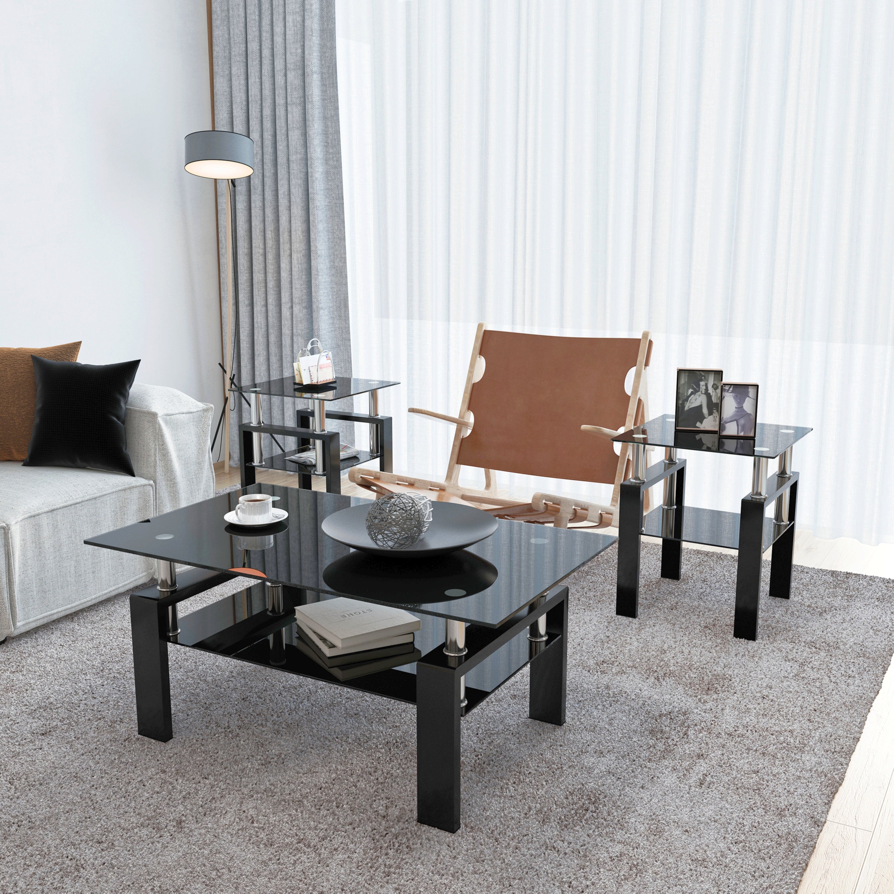 Set of 2 - Modern Tempered Glass Tea End Table - Black