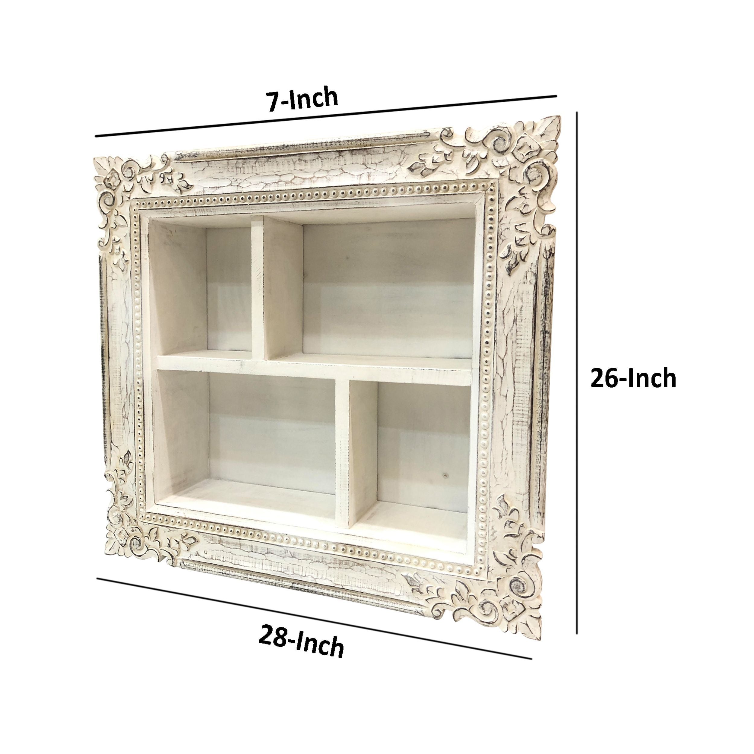 28 Inch Rectangular Wall Mount Mango Wood Shelf, 4 Compartments, Floral Carving, Distressed White