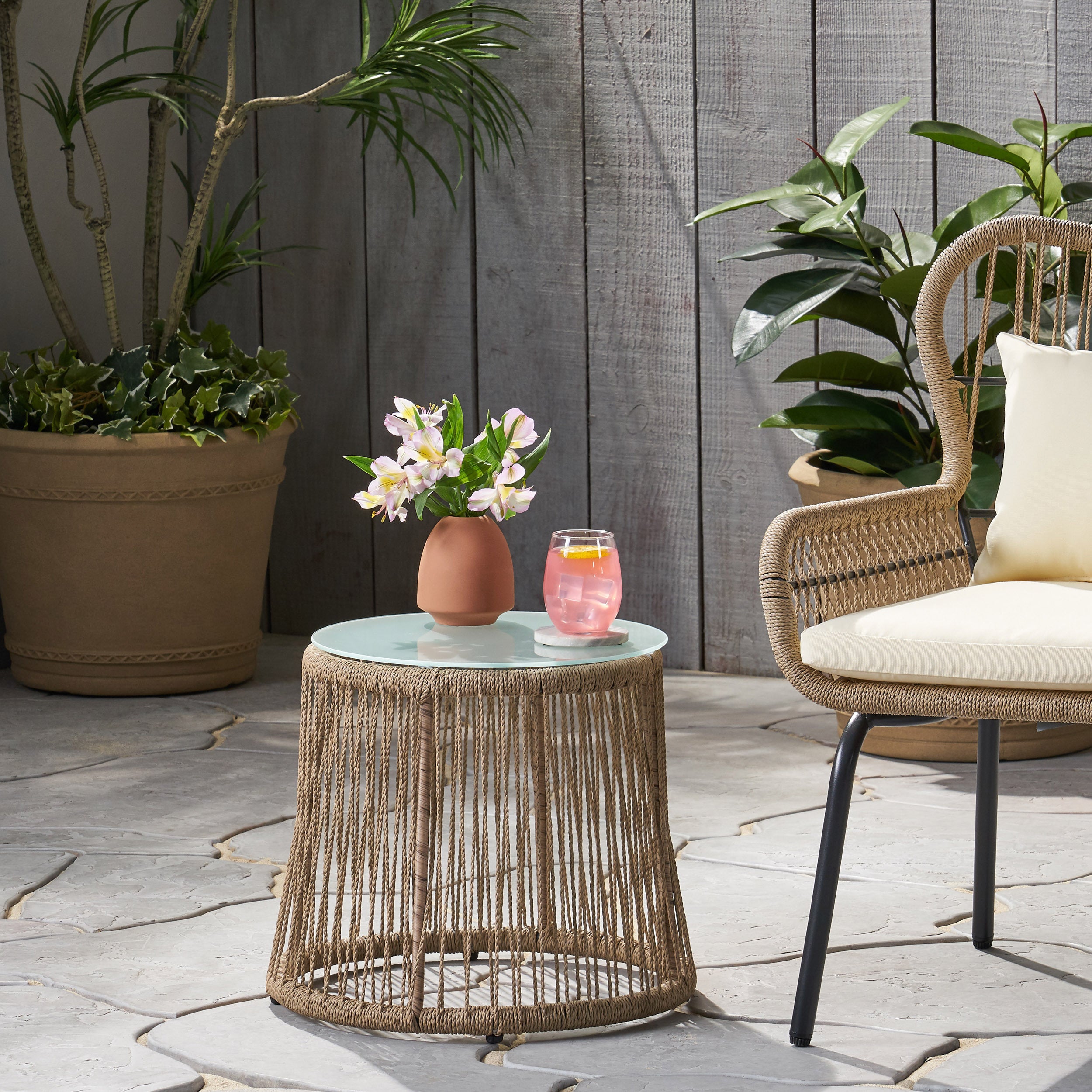 Boho Woven Rope Side Table - Brown
