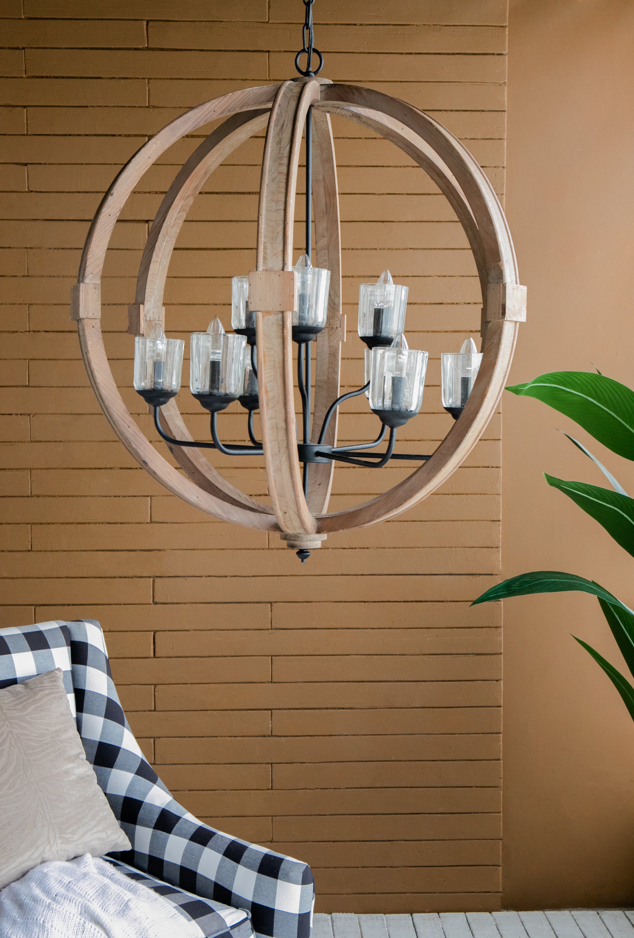 9- Light Globe Chandelier, Wood Chandelier Hanging Light Fixture with Adjustable Chain