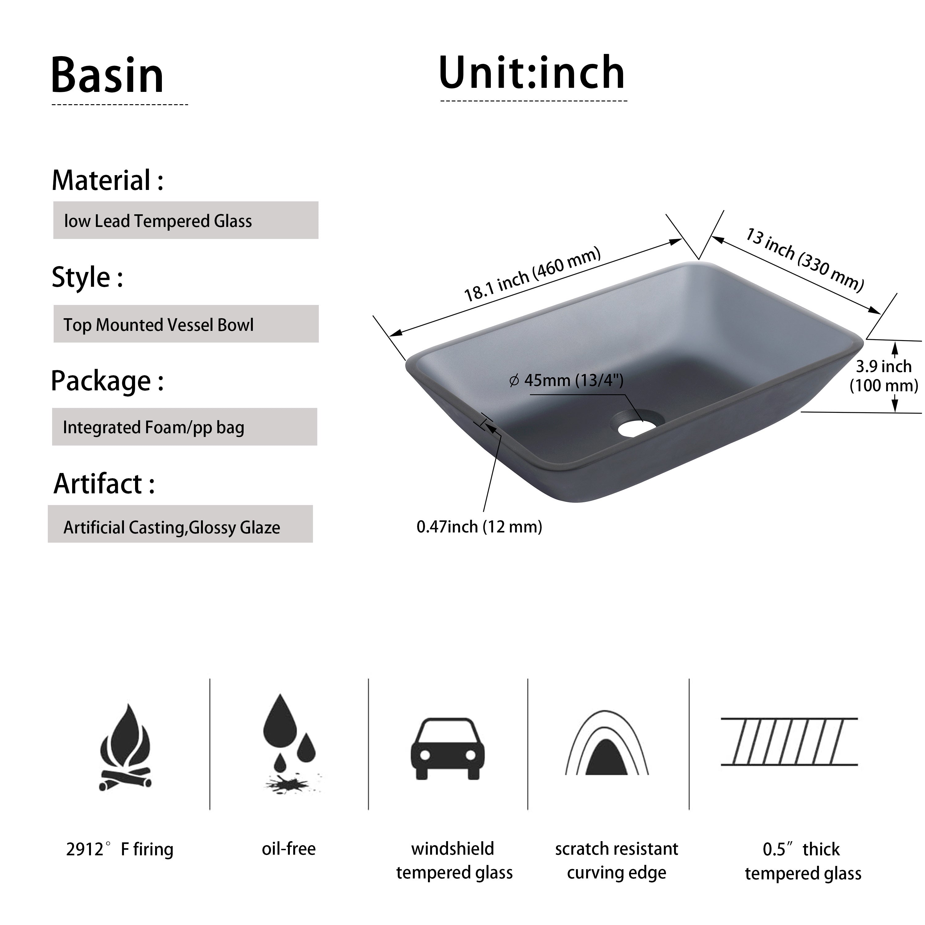 Tempered Glass Matte Bathroom Vessel Sink, Rectangle Bathroom Basin Matt Grey