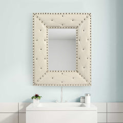 White Rectangle Decorative Wall Hanging Mirror, Rivet Decoration,PU Covered MDF Framed Mirror,21x26inch