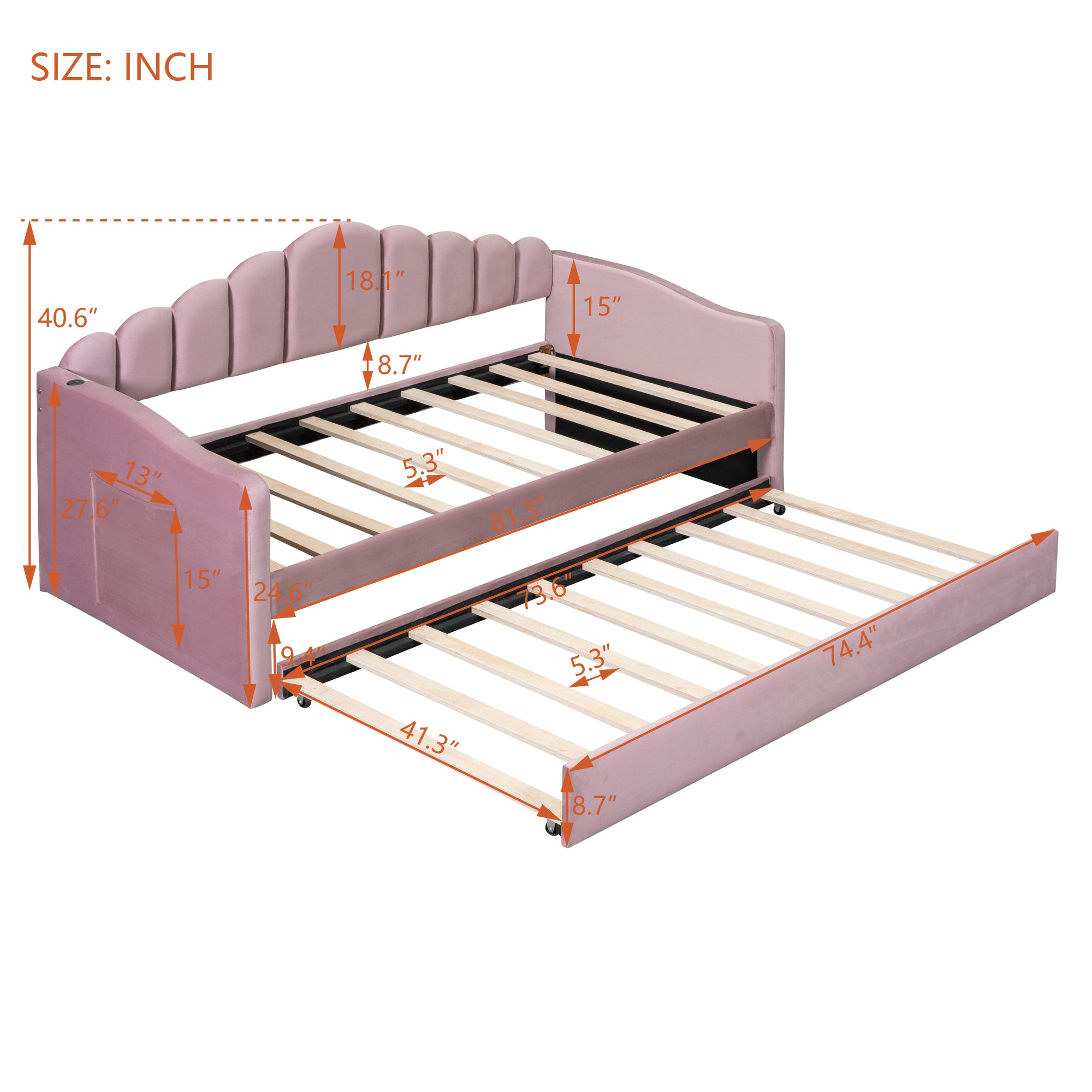 Twin size Upholstered Daybed with Trundle ,Velvet Sofabed with USB Charging Ports, No Box-spring Needed - Pink