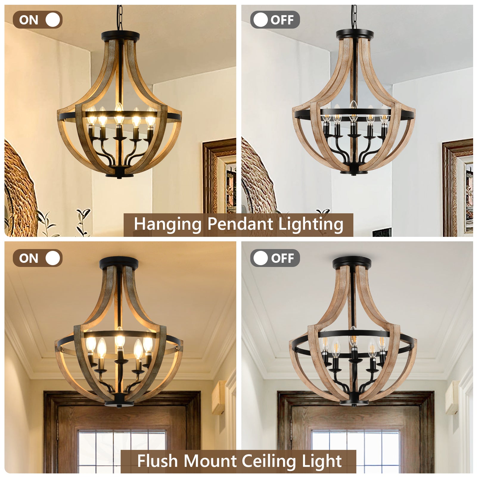Farmhouse Wood Chandelier Light Fixtures 19"  - Brown