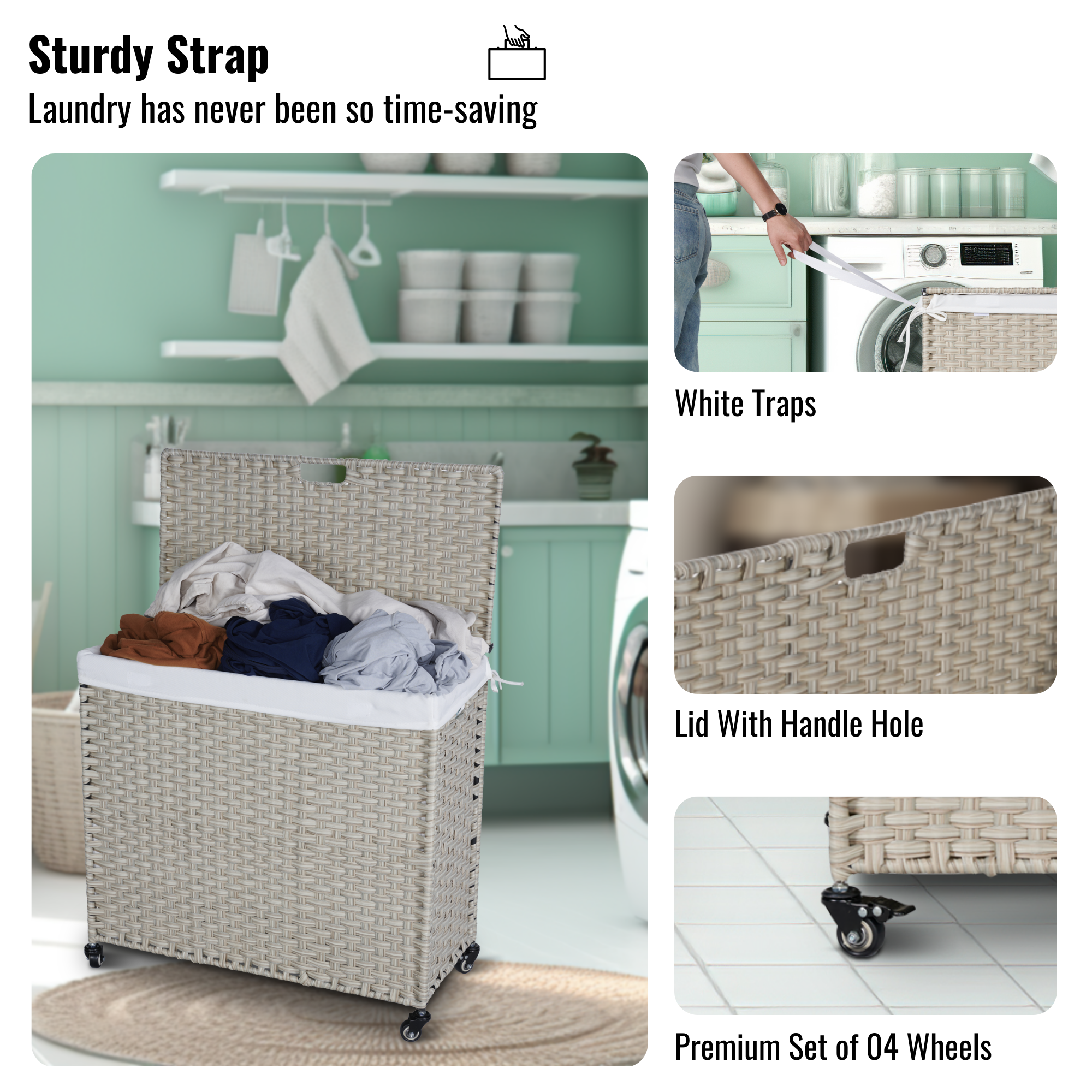Laundry Hamper With Lid PE Rattan Powder Coating Frame Clothes Hampers with 2 Removable Bags, Wheels, 160L, Light Grey