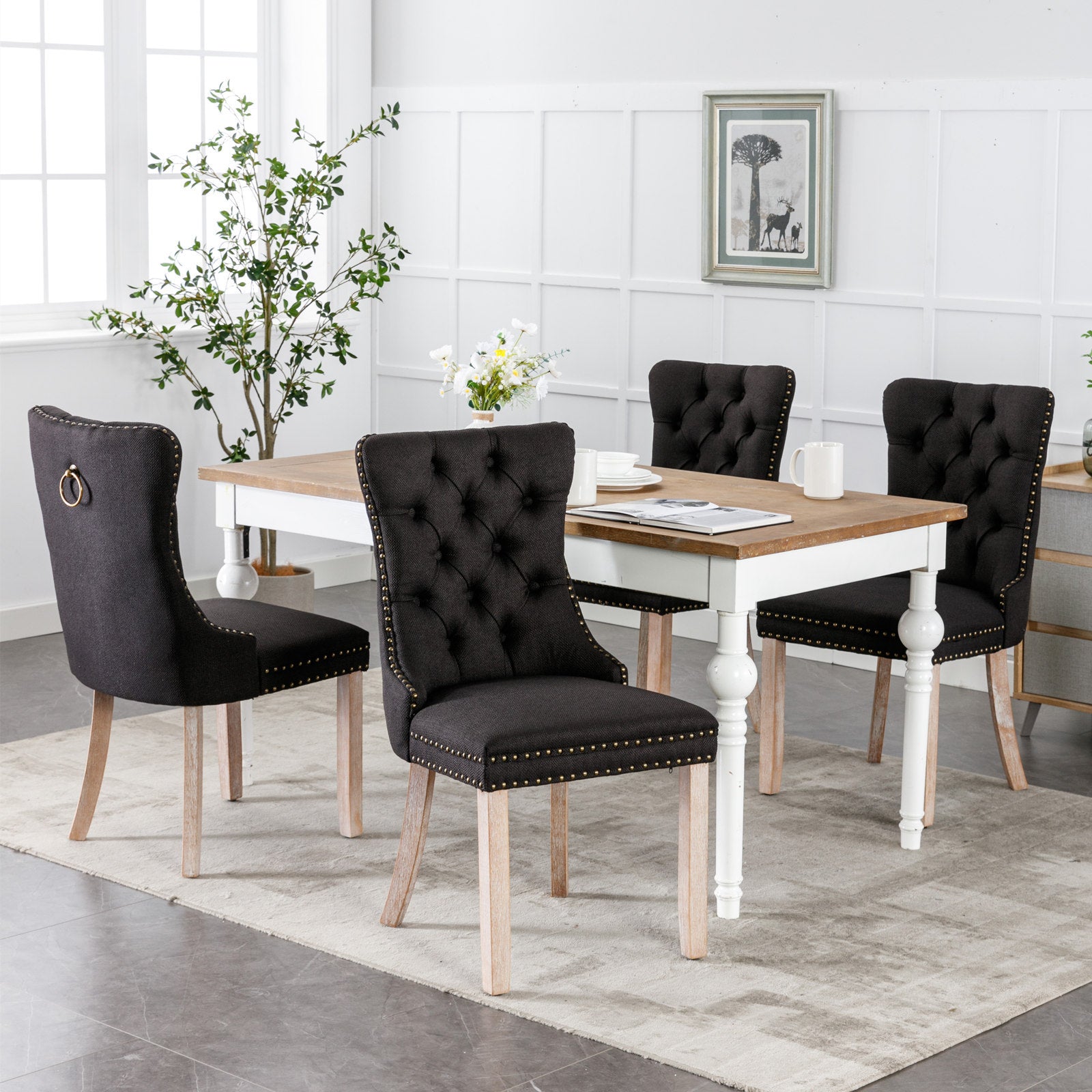 Set of 2 - High-end Tufted Solid Wood Contemporary Flax Upholstered Linen Dining Chair with Wood Legs Nailhead Trim - Black Linen