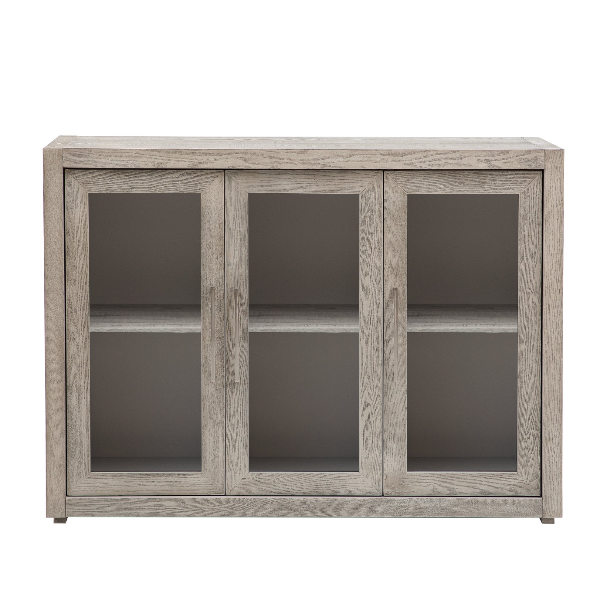 Wood Storage Cabinet with Three Tempered Glass Doors and Adjustable Shelf (Grey)