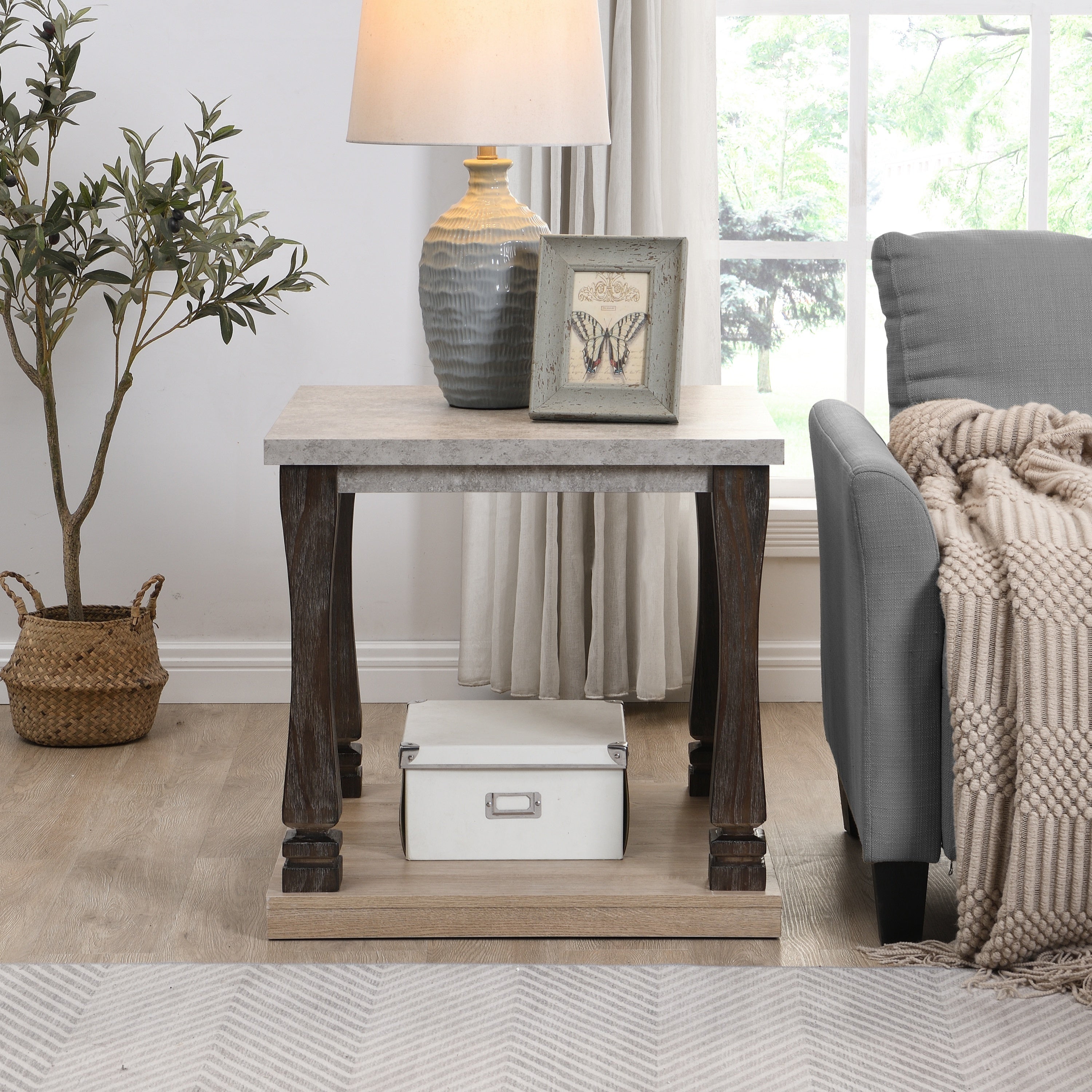 Mid-Century Rectangle End Table for Living Room, Wood Side Table with 2-Tier Storage Shelf - Grey Tabletop