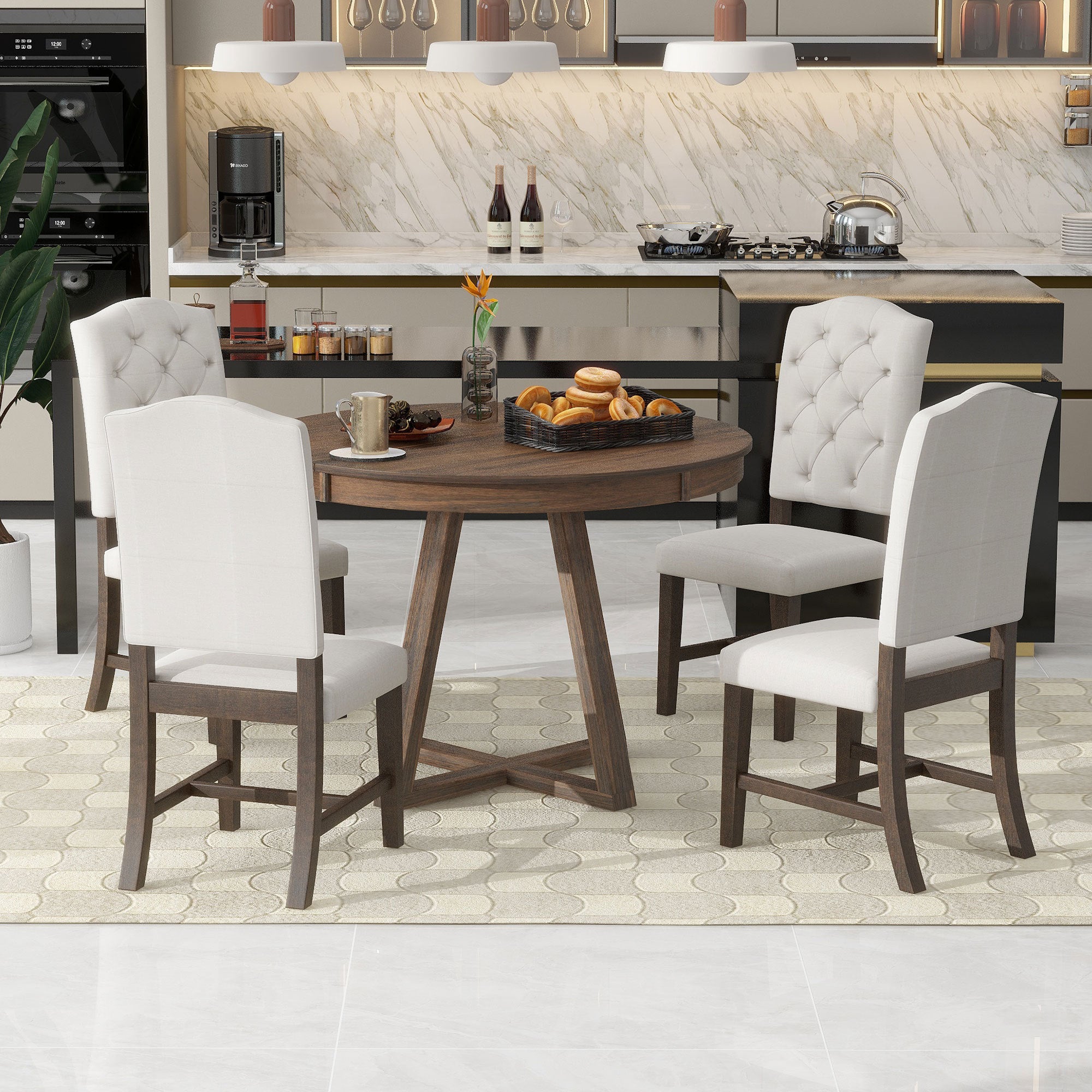 5-Piece Retro Functional Dining Set, Round Table with a 16"W Leaf and 4 Upholstered Chairs - Walnut