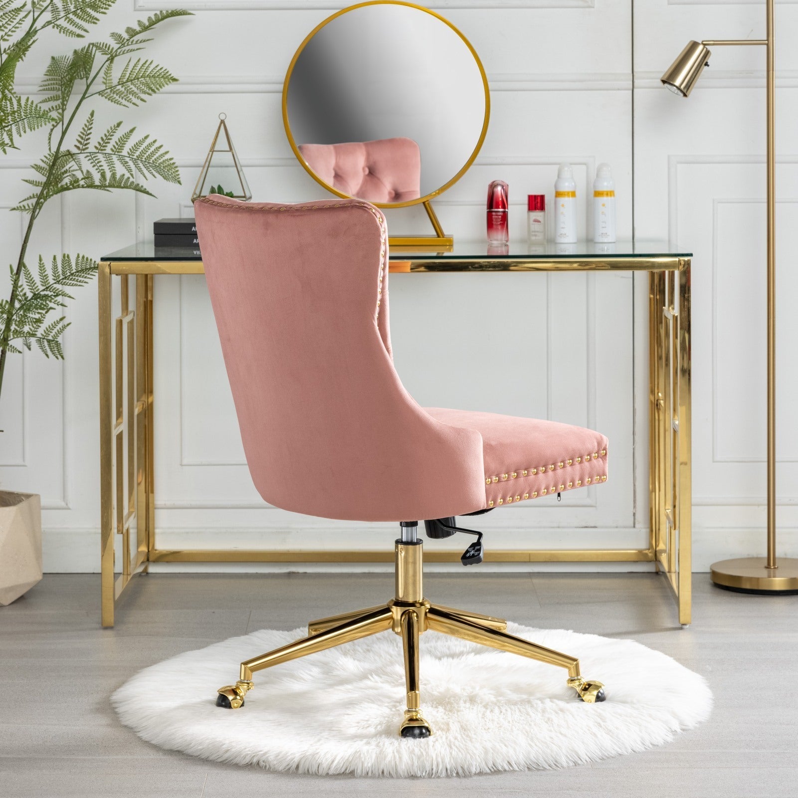 Velvet Upholstered Tufted Button Home Office Chair with Golden Metal Base, Adjustable Desk Chair Swivel Office Chair - Pink