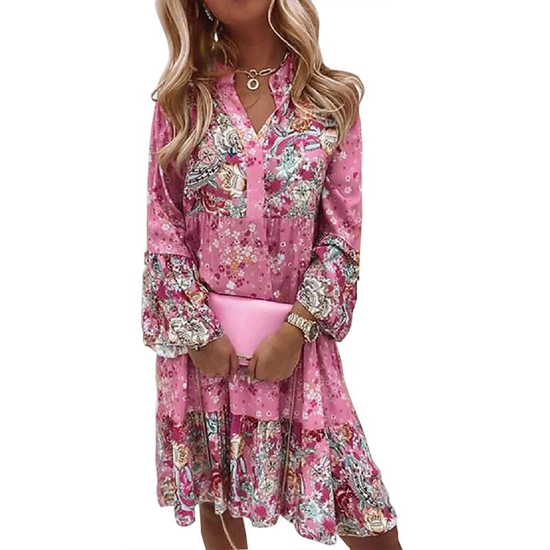 Women's Round Neck Button Front Floral Print Dress - Spring Summer Patchwork Midi Dress