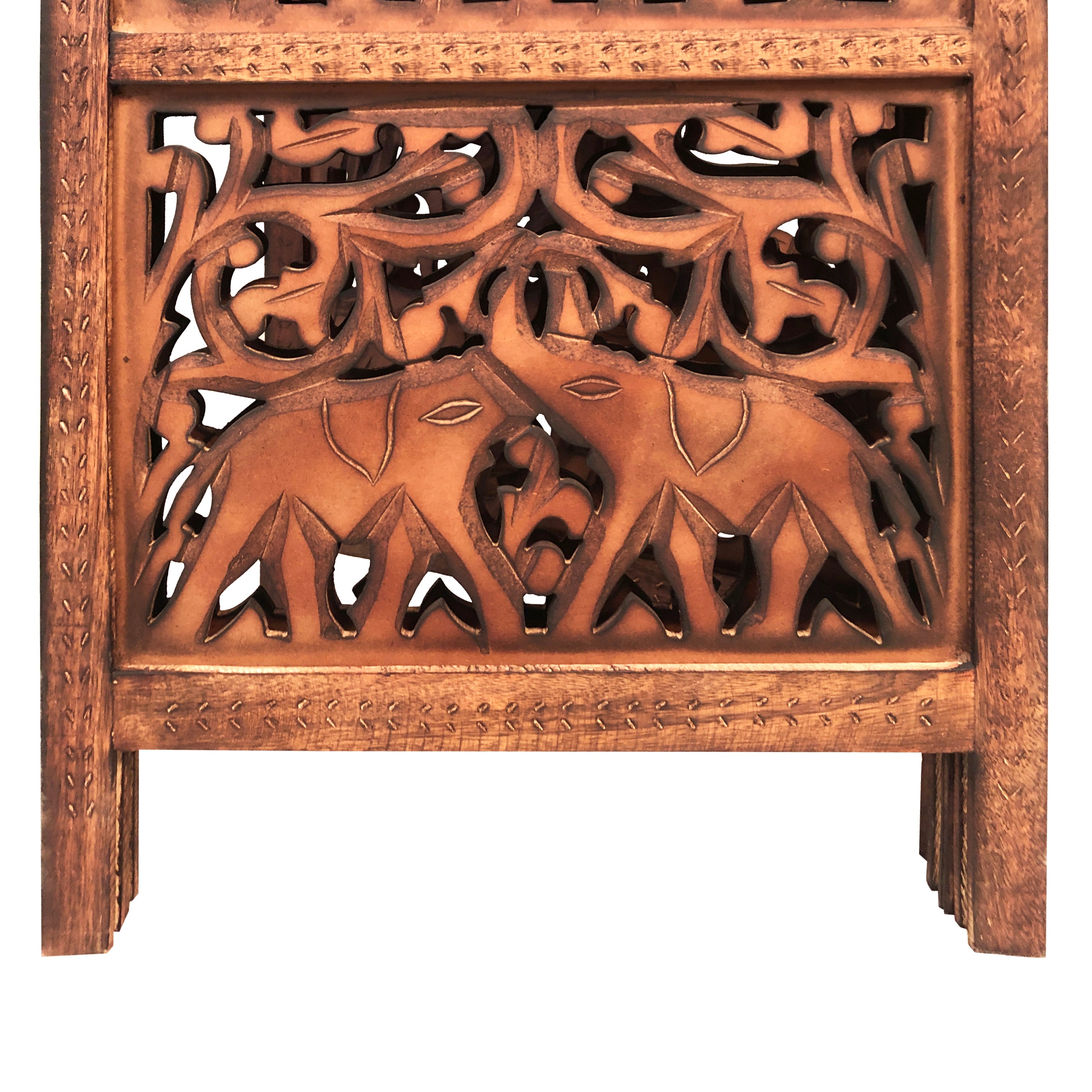 Handcrafted 4 Panel Carved Wood Room Divider Screen 80 Inch - Brown