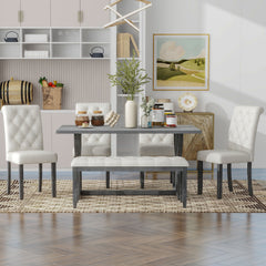 6-Piece Retro Rectangular Dining Table Set, Table with Unique Legs and 4 Upholstered Chairs & 1 Bench - Grey Wash