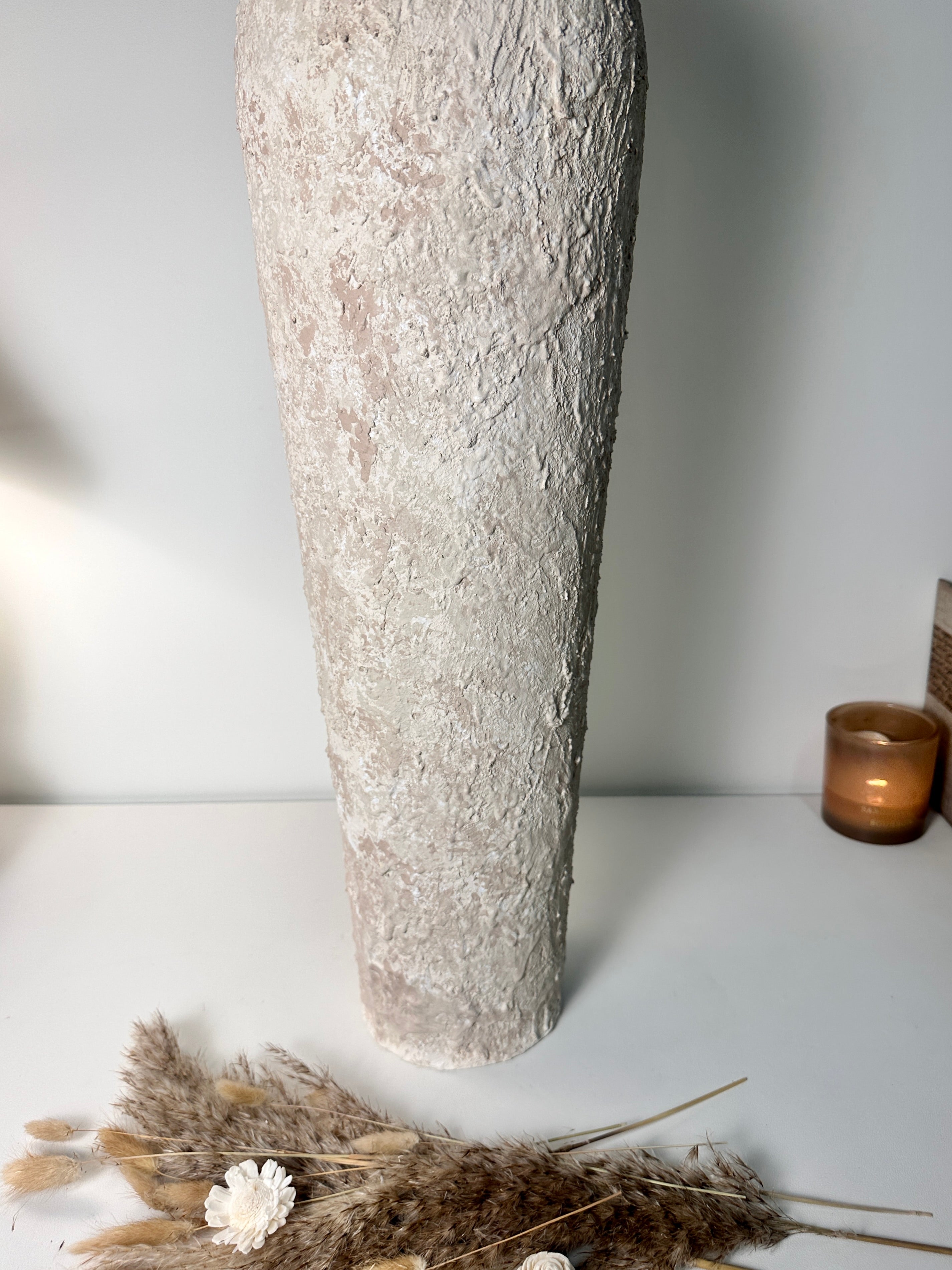 Floor Vase 32" tall minimalist hand-painted metal texture - cream wash