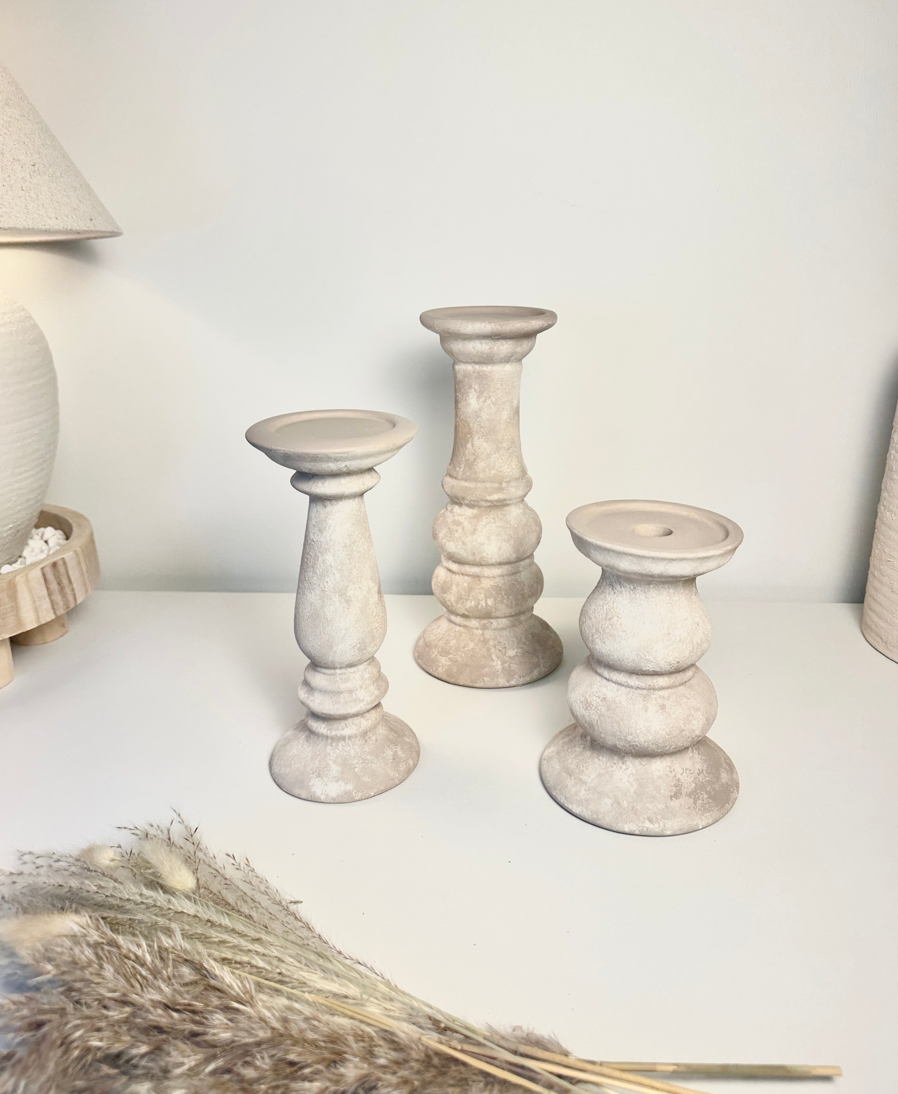 Set of 3 // Modern Ceramic Beige Washed Candle Holders (tall 7", medium 6", small 5")
