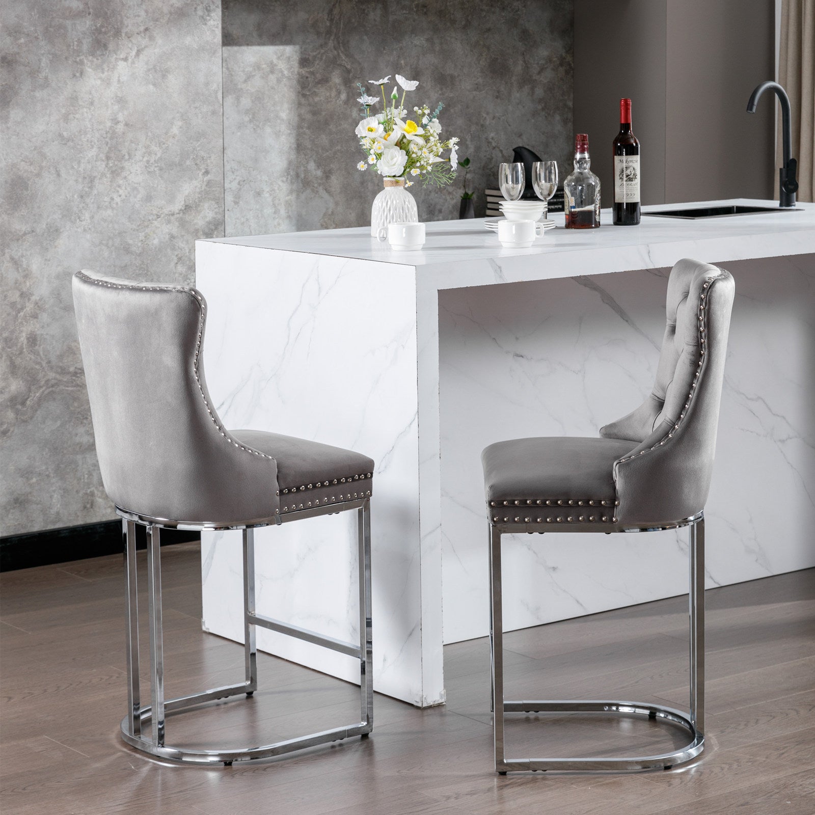Set of 2, 26" Counter Height Modern Velvet Barstools with Button Back&Rivet Trim Upholstered Kitchen Island Chairs with Sturdy Chromed Metal Base Legs Farmhouse - Gray