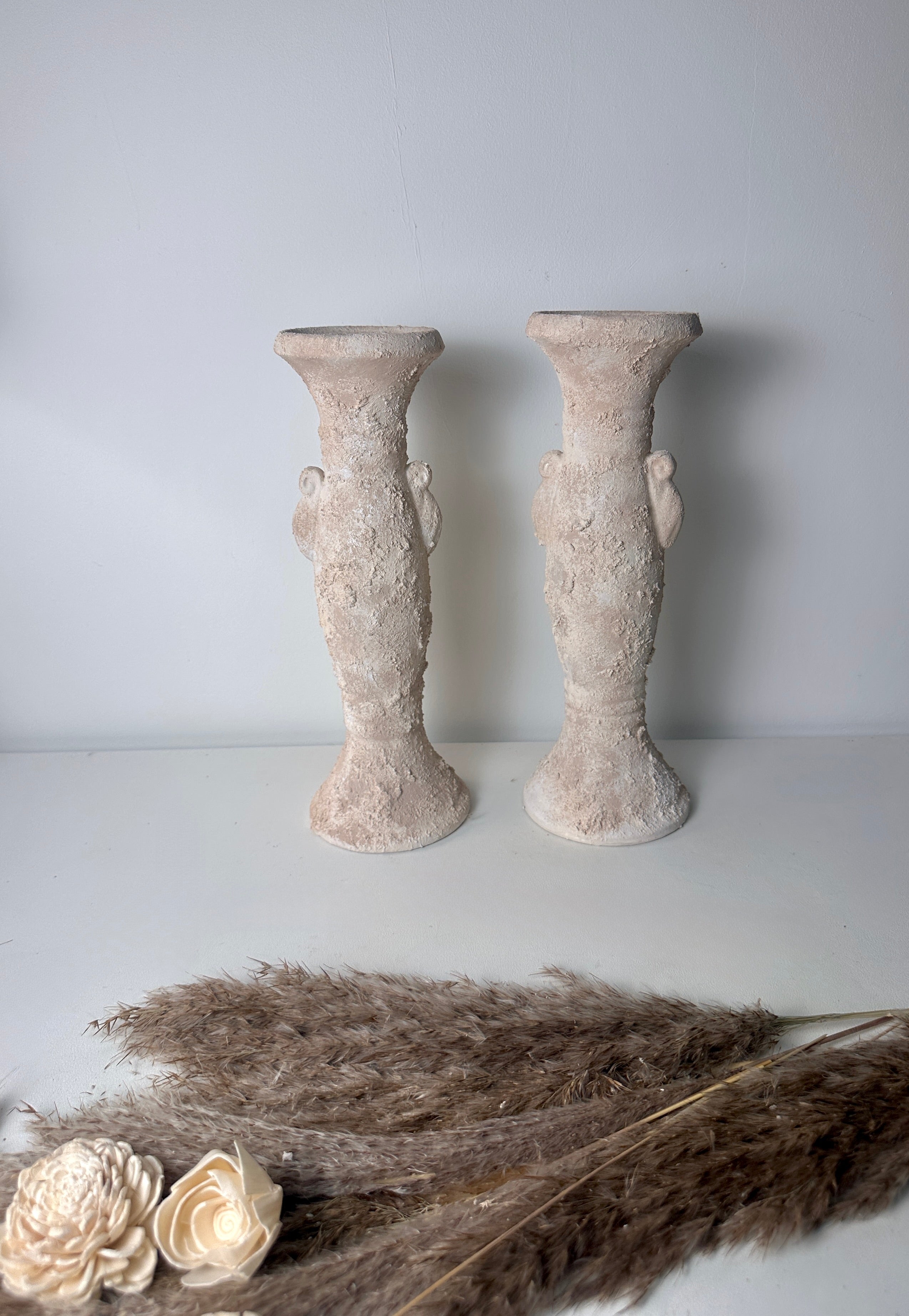 Set of 2 candlestick tray holders hand-painted and textured minimalist roman style 12" tall - Cream Sand wash