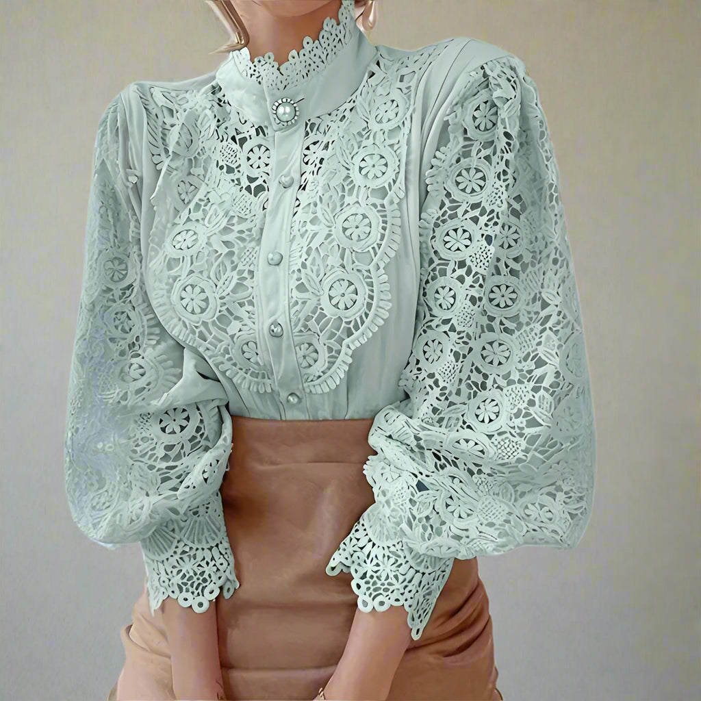 Elegant Women's Vintage Pearl Button Lace Blouse - Puff Sleeve Semi-Sheer Ruffled Stand Collar Shirt