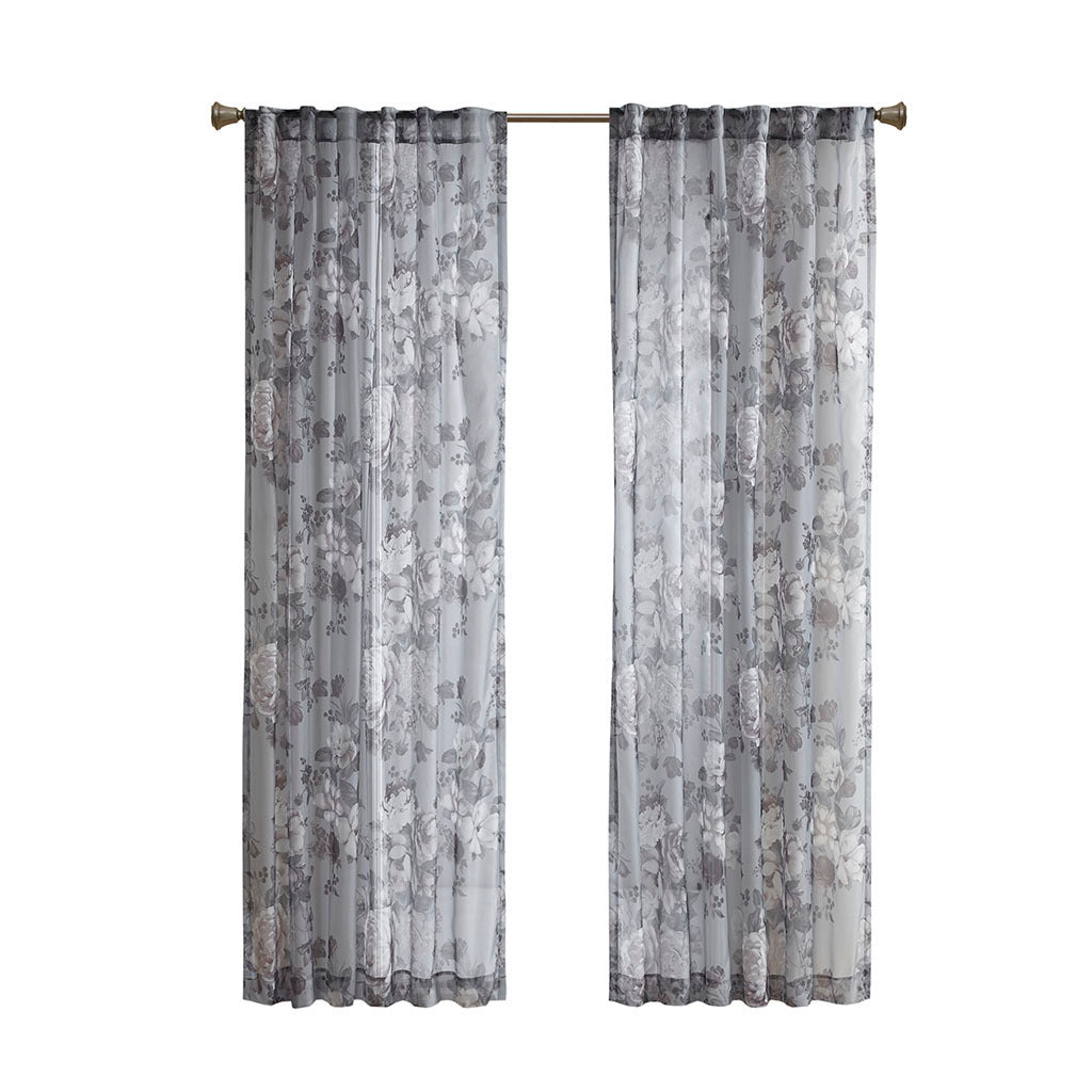 Printed Floral Rod Pocket and Back Tab Voile Sheer Curtain - Grey