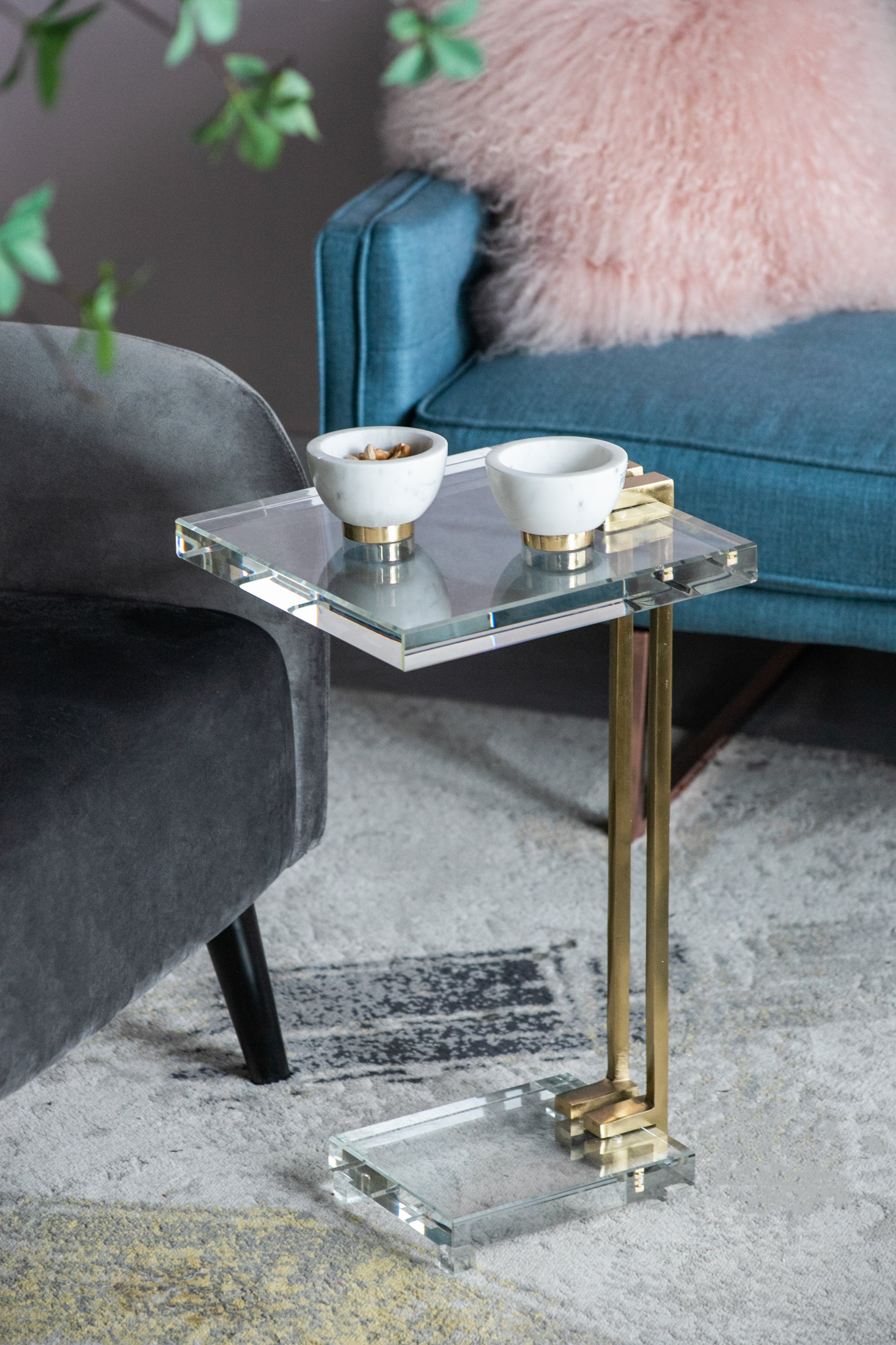 Crystal Side Table with Gold Metal Frame 22"