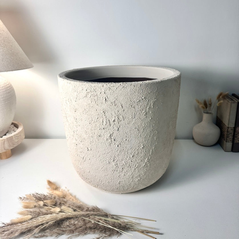 Minimalist Hand-Painted & Textured Planter Pot 14" tall with drainage hole one time creation - Cream