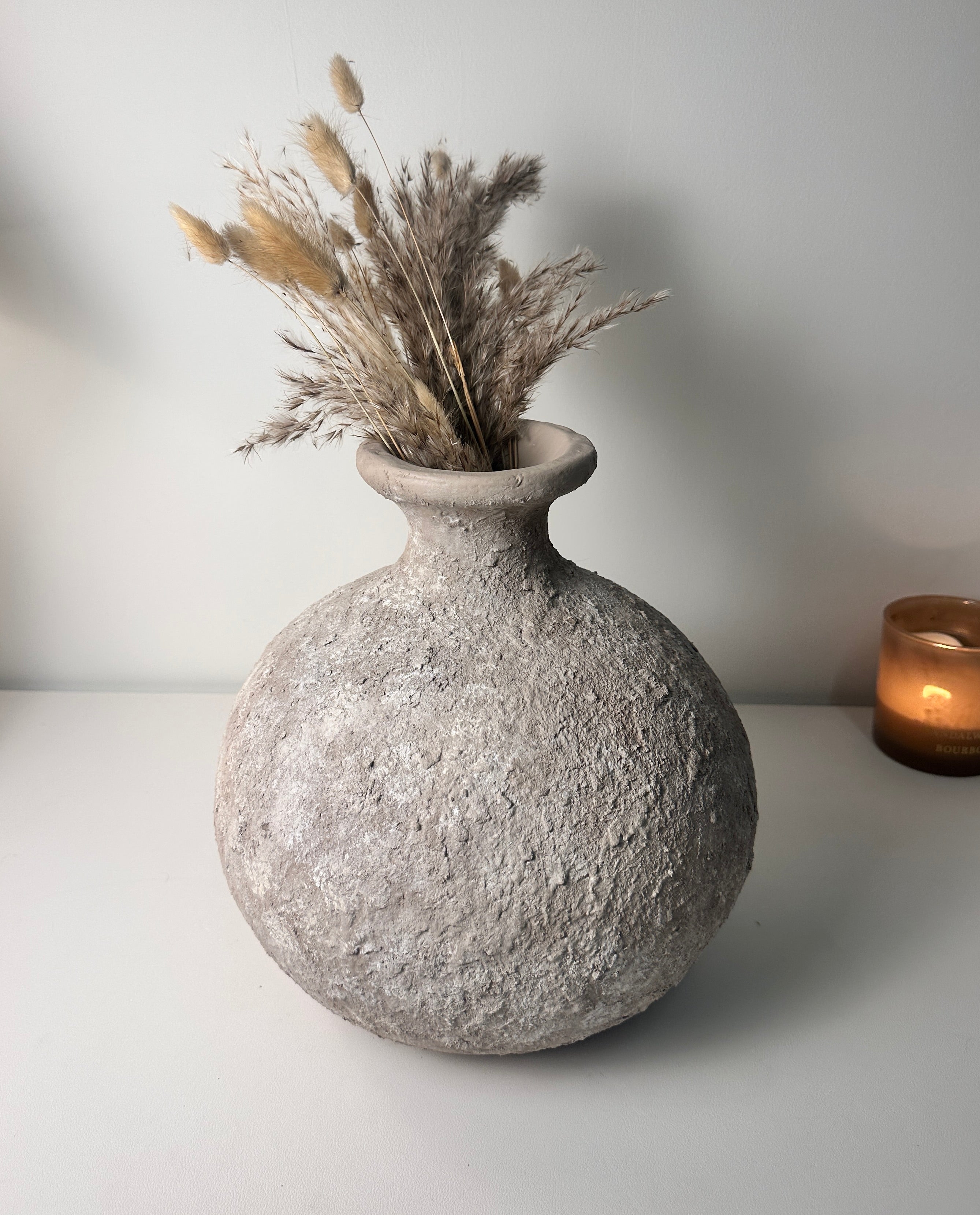 Rustic Hand-Painted Ceramic Round Bottle Vase 11" tall - Beige Wash