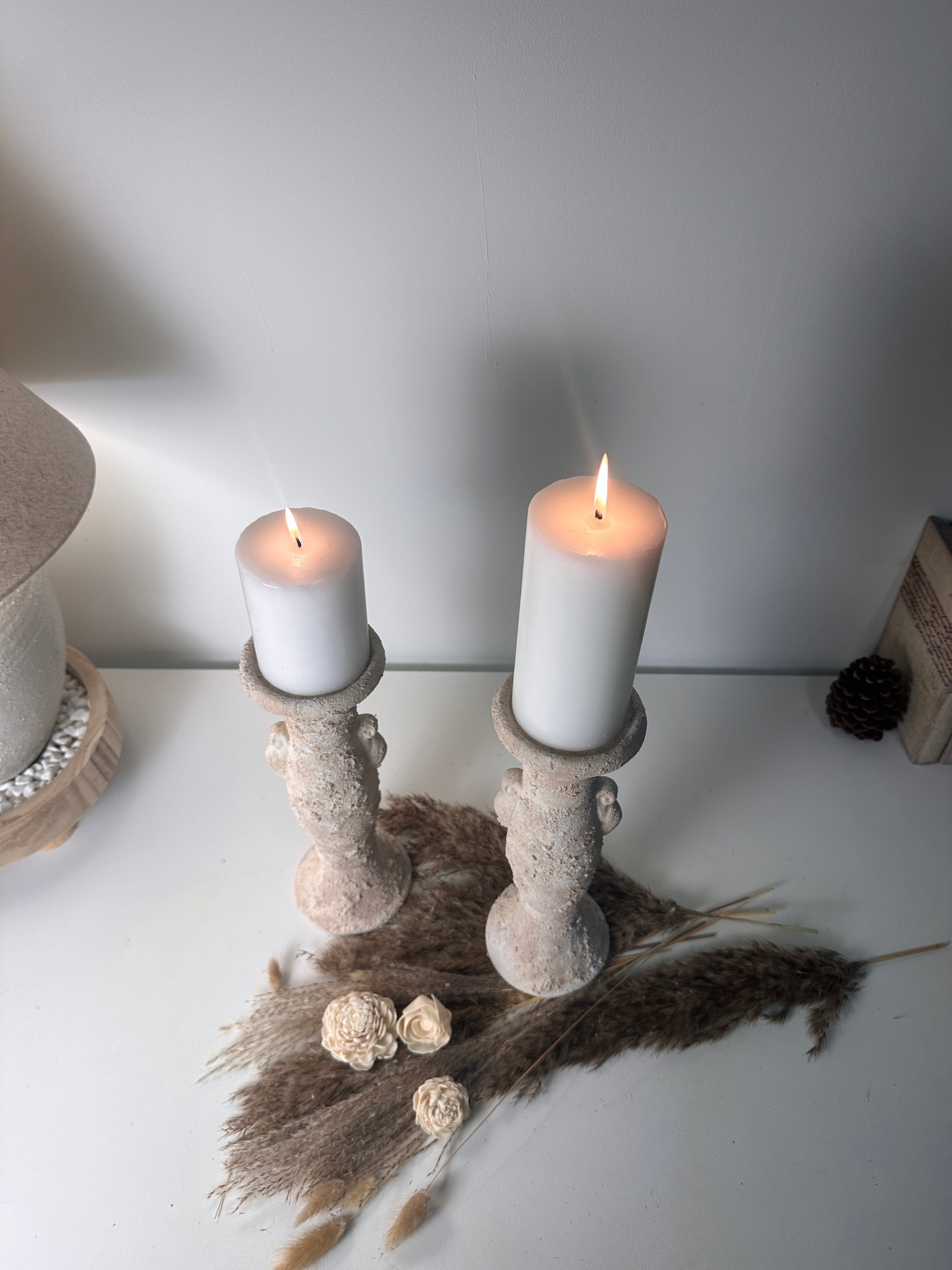 Set of 2 candlestick tray holders hand-painted and textured minimalist roman style 12" tall - Cream Sand wash