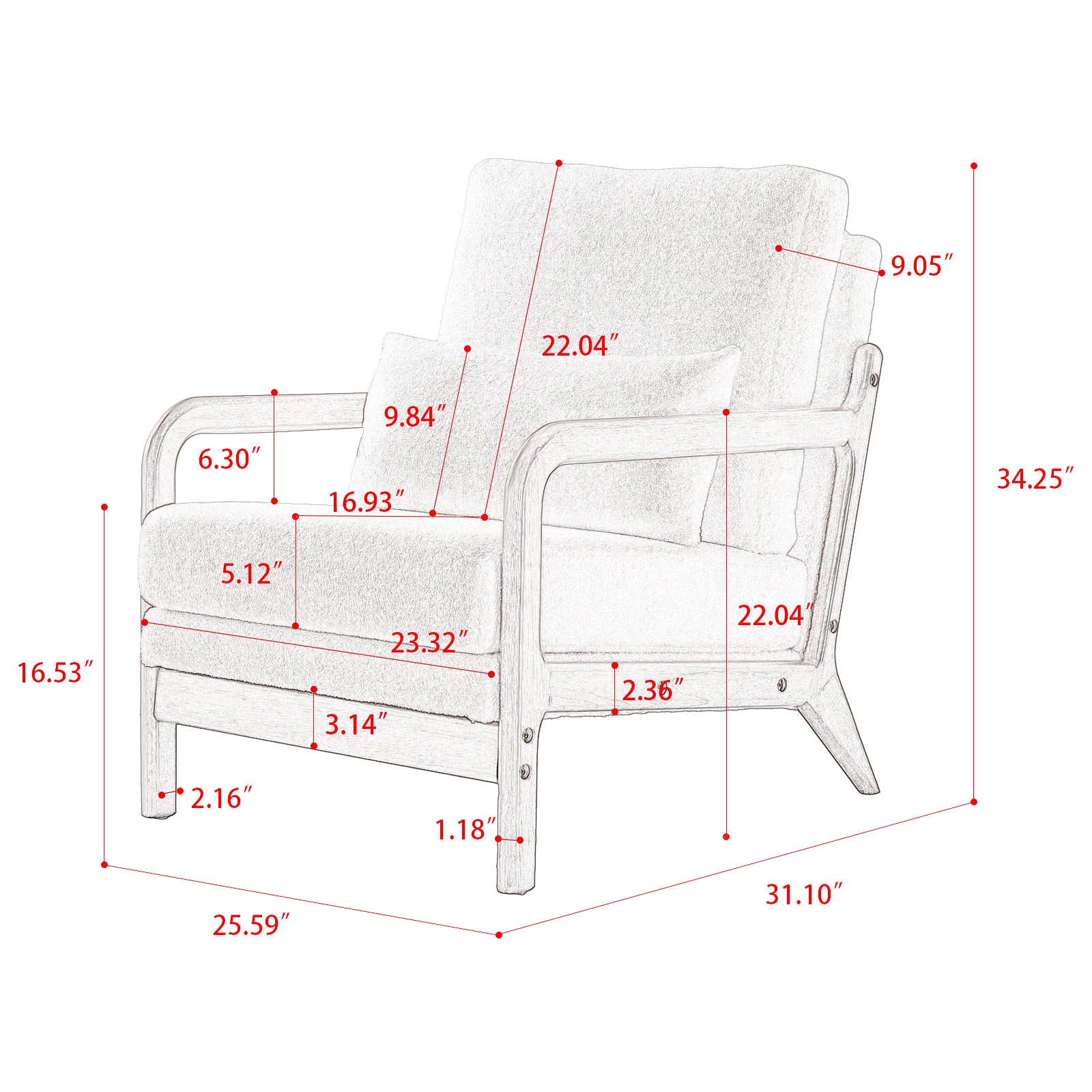 Modern Teddy Fabric Accent Chair Wood Frame - White