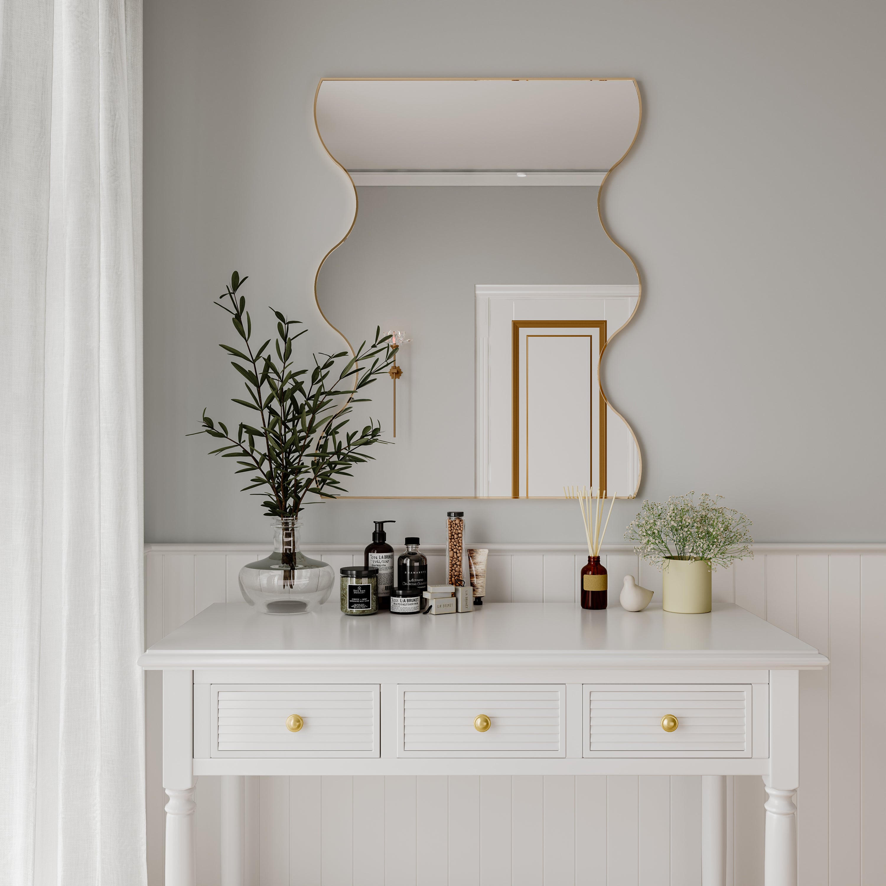 Wall Mirror 30x35 Inch Golden Rectangular Mirror with 2 Wavy Sides Metal Framed Mirror