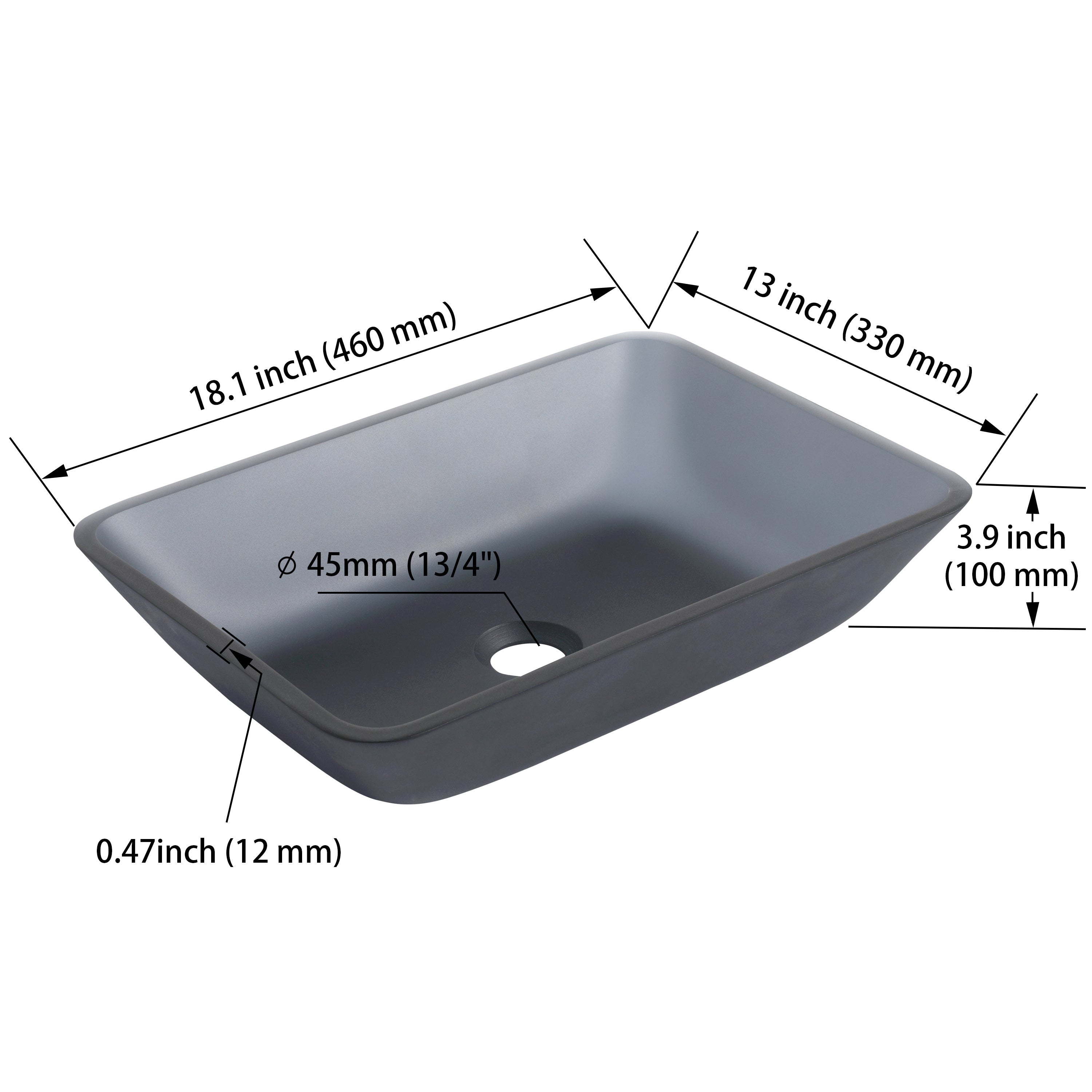 Tempered Glass Matte Bathroom Vessel Sink, Rectangle Bathroom Basin Matt Grey