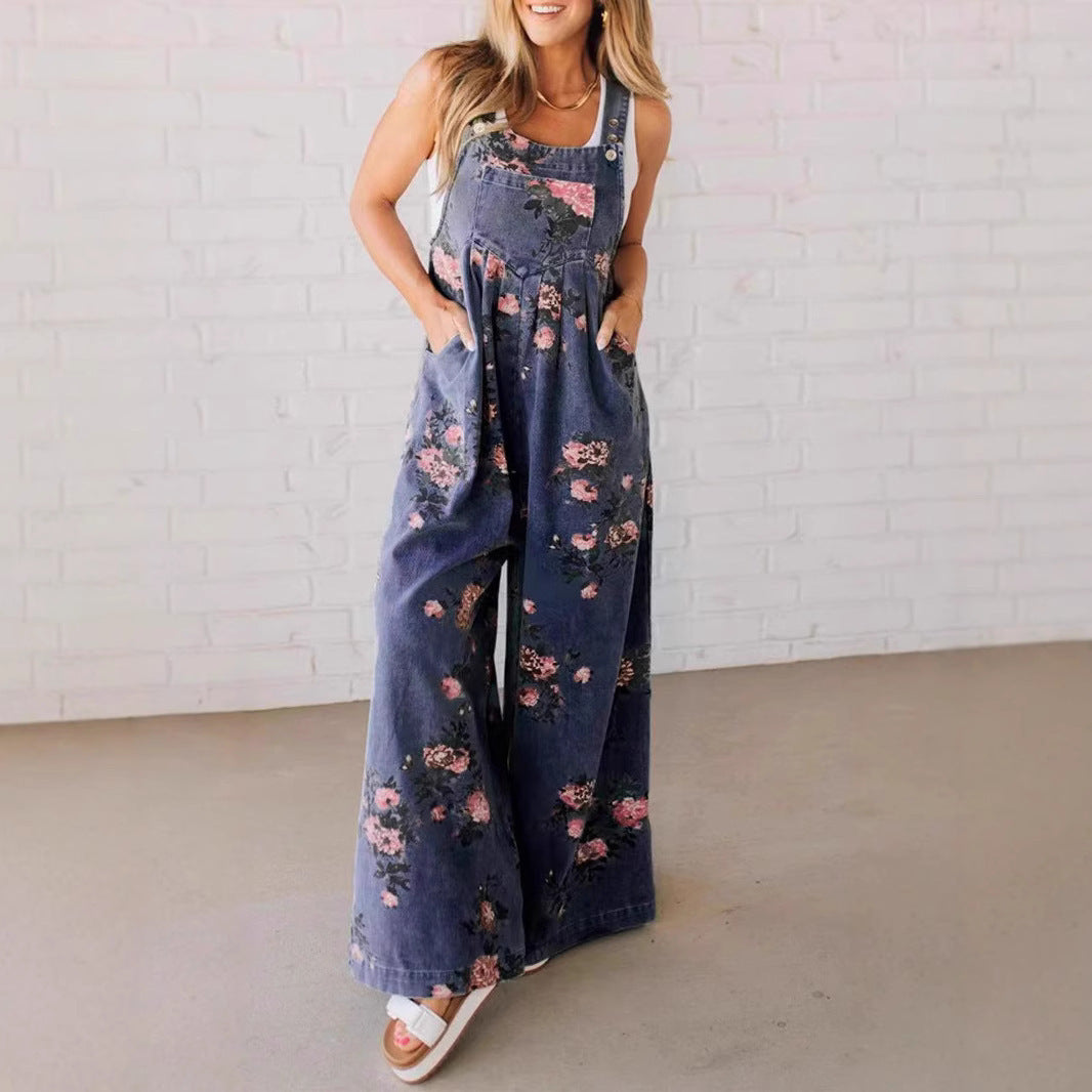 Women's Floral Print Denim Overalls, Wide Leg Jumpsuit, Sleeveless with Pockets