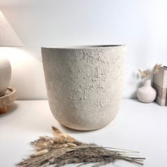 Minimalist Hand-Painted & Textured Planter Pot 14" tall with drainage hole one time creation - Cream