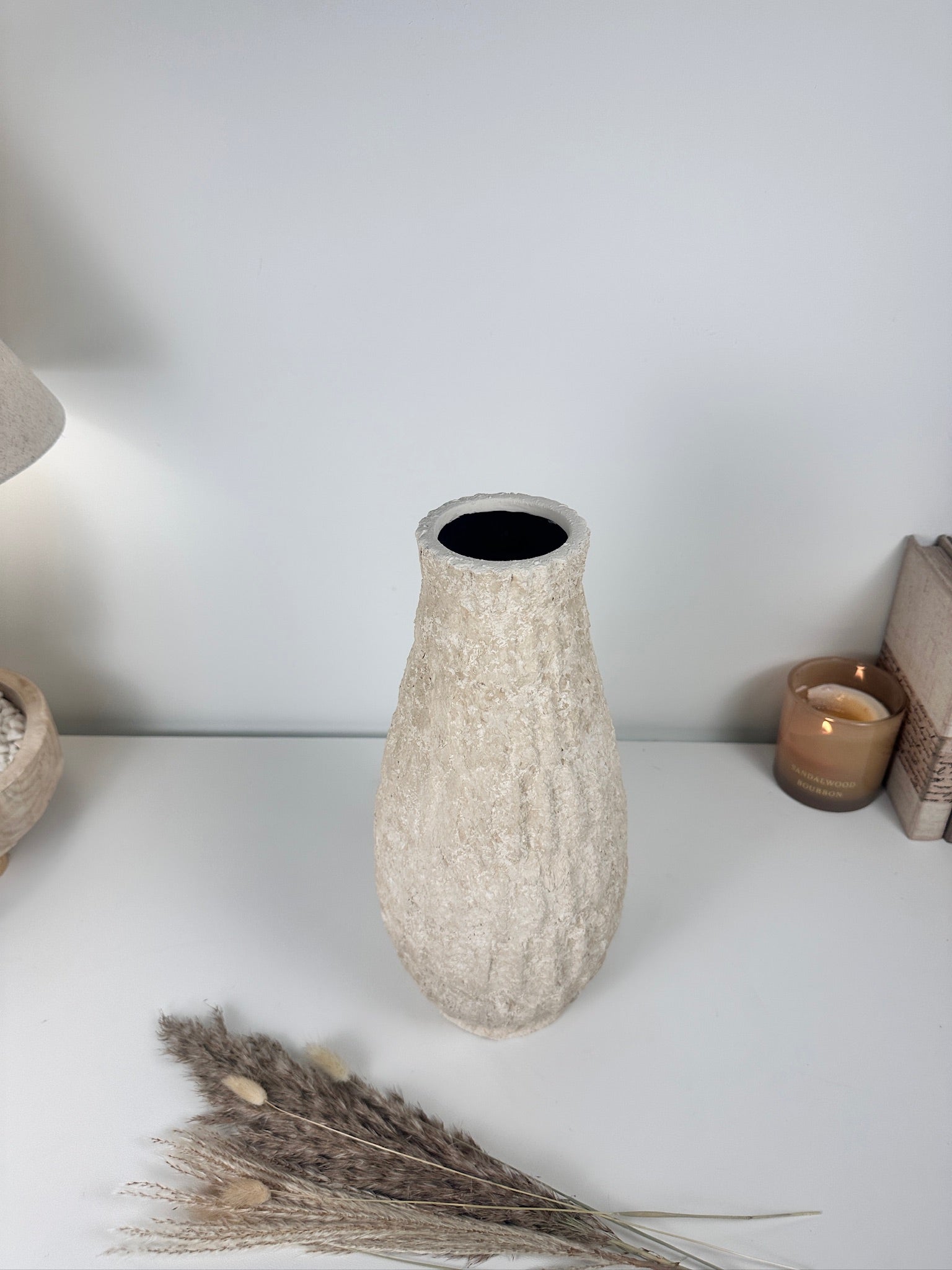 Minimalist Hand-Painted/Textured Ceramic Vase 14" - Cream Sand washed