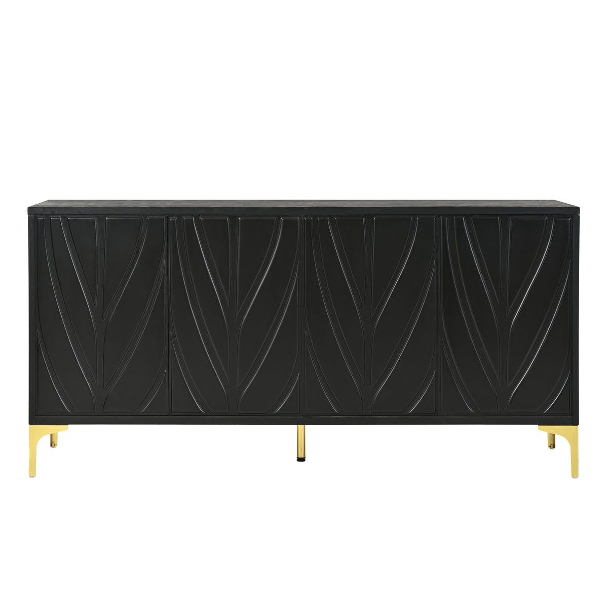 Modern Black Sideboard Buffet Cabinet with Handleless Press-to-Open Design, Carved Credenza Storage Cabinet with 4 Doors, MDF and Solid Wood Construction