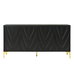 Modern Black Sideboard Buffet Cabinet with Handleless Press-to-Open Design, Carved Credenza Storage Cabinet with 4 Doors, MDF and Solid Wood Construction