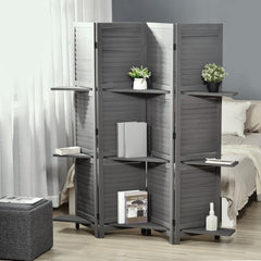 4-Panel Folding Room Divider, 5.6 Ft Freestanding Paulownia Wood Privacy Screen Panel with Storage Shelves - Gray