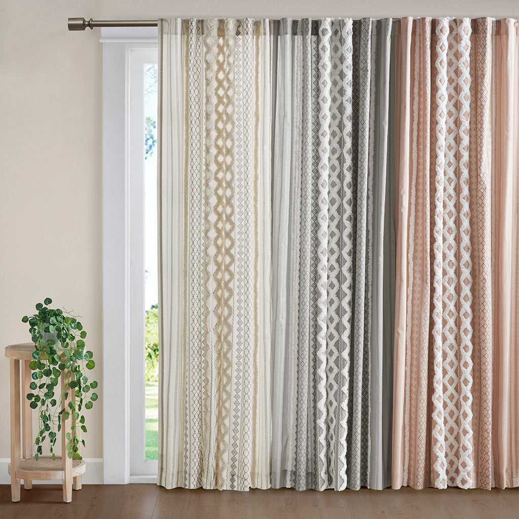 50x95" Cotton Printed Curtain Panel with Chenille Stripe and Lining - Gray (1 panel only)