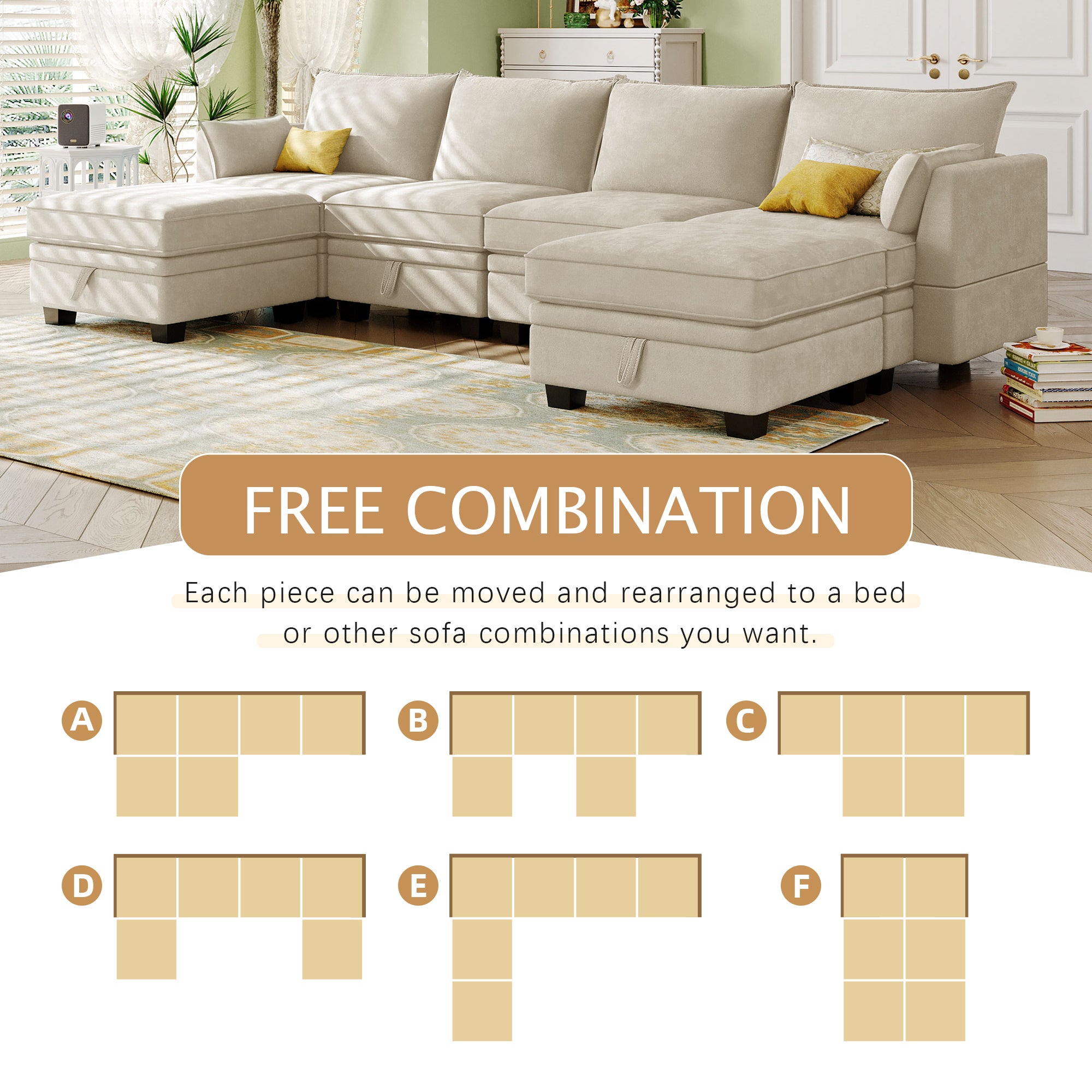 Modern Large U-Shape Modular Sectional Sofa,  Convertible Sofa Bed with Reversible Chaise - Beige